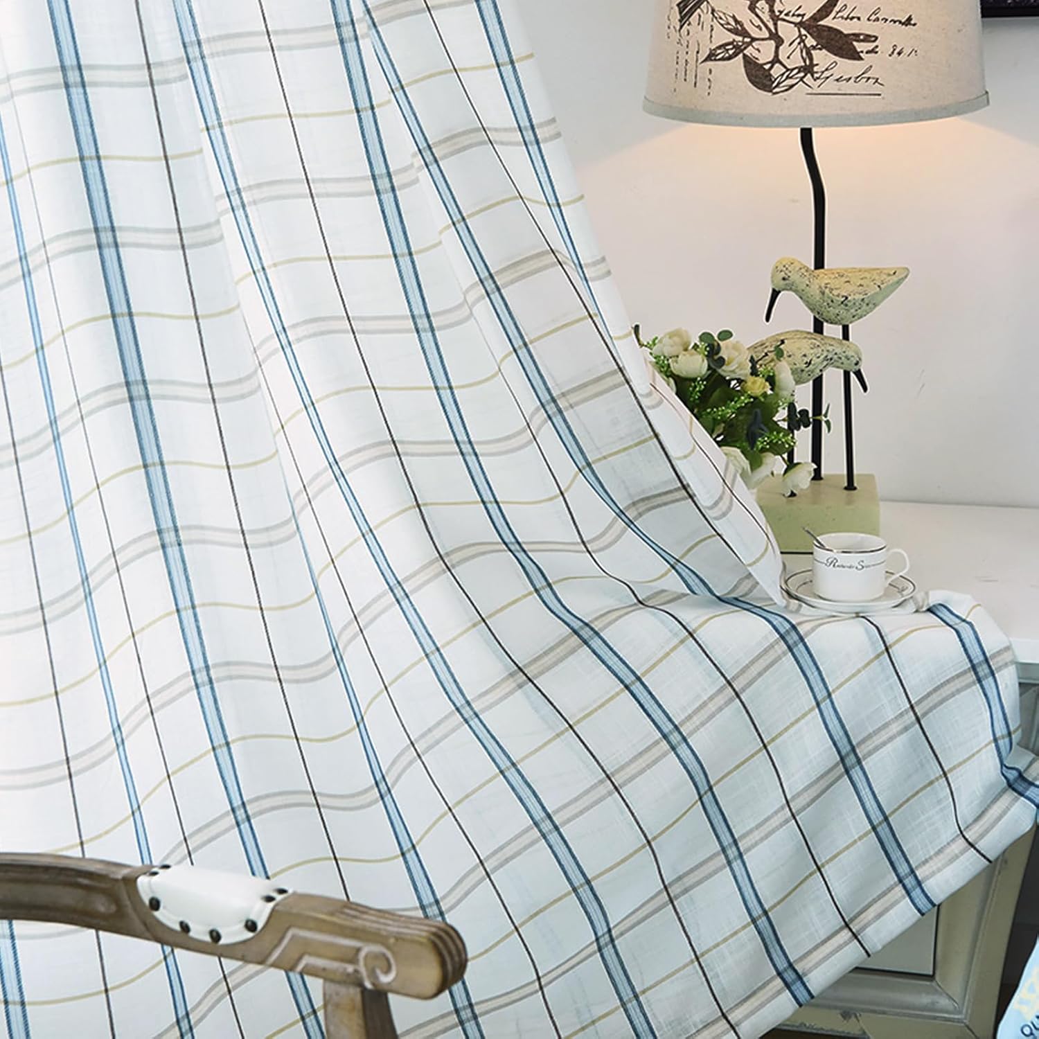 Blue Buffalo Plaid Semi Sheer Curtains Linen Textured for Living Room 84 inches Long Rod Pocket Window Drapes for Dining Bedroom 2 Panels