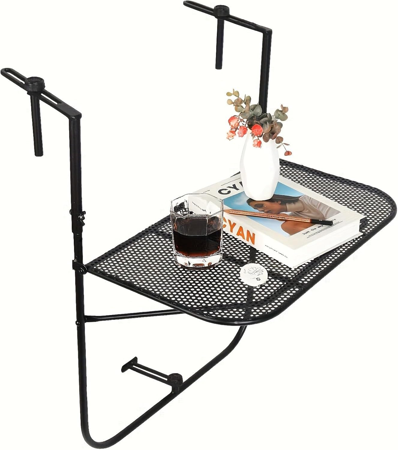 Pliable Porch Railing Mounted Table Space Saving Steel Construction Black Varnished for Outdoor Indoor Use Modern Black Outdoor Side Table