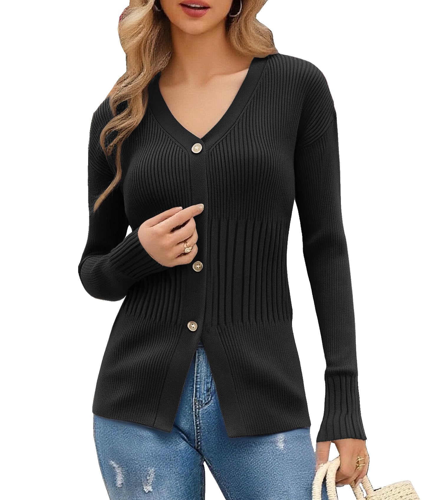 Ckikiou Soft Ribbed Knitted Slim Fitted Cardigan for Women Fall Winter Business Casual Button Down Sweater Top