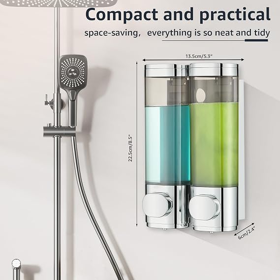 Pollock Wall Mounted Soap Dispenser, 300ml x 2 Shampoo and Conditioner Dispenser, No-Drill Installation Shower Soap Dispenser, Eliminates Shower Clutter, for Bathroom Home Hotel Restaurant – Silver