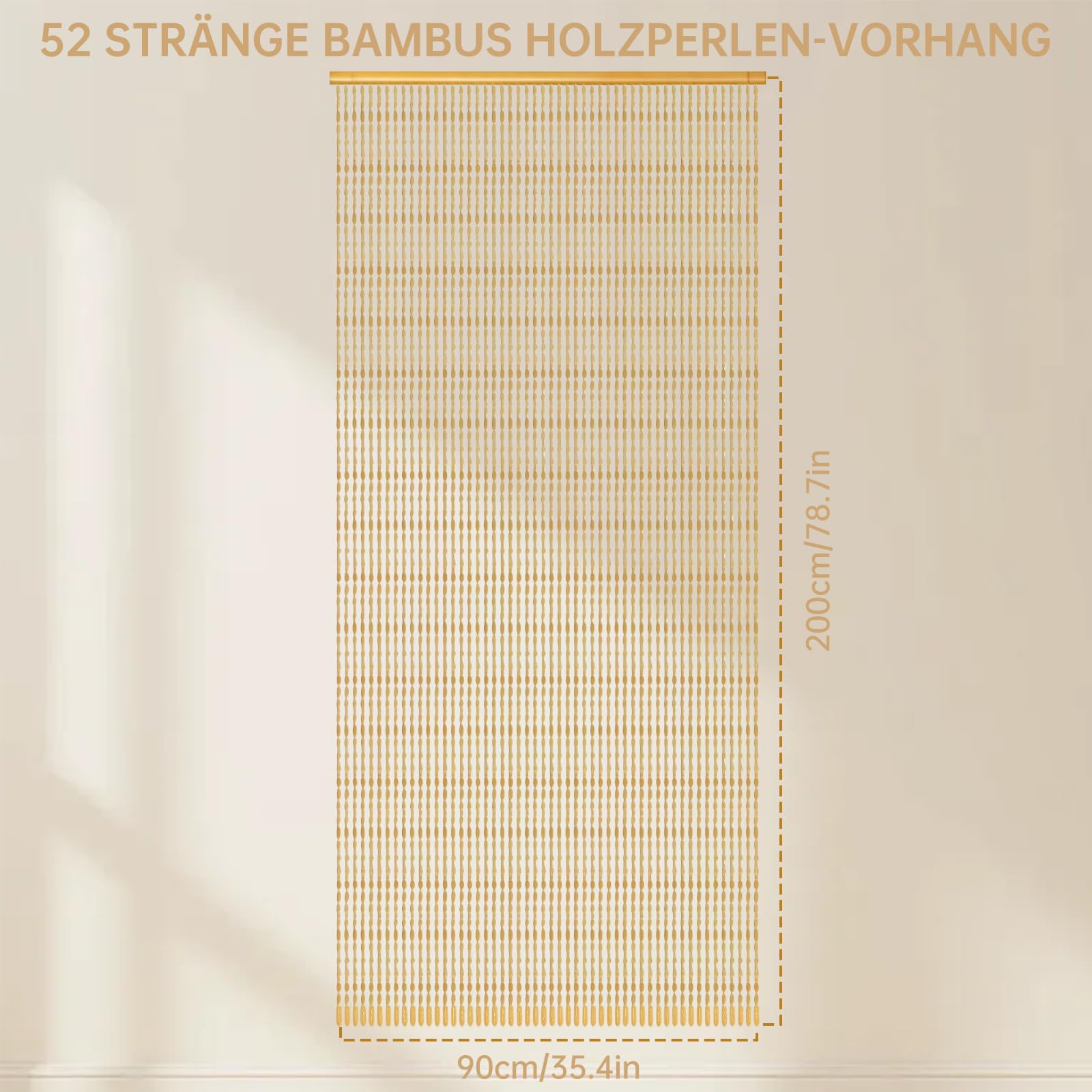 90x200cm Perlenvorhang, Handgefertigte Natur Türvorhang Perlen, 52 Stränge Beige Retro Perlenvorhang Türvorhang für Schlafzimmer Balkontür