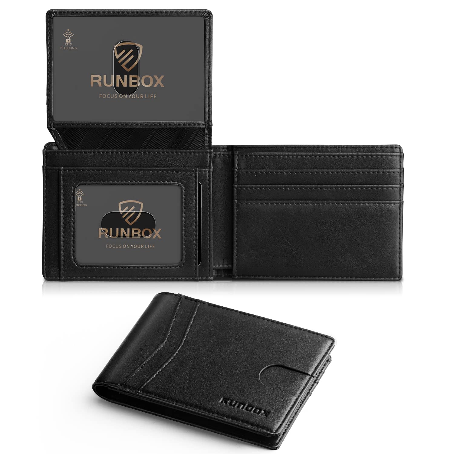 RUNBOX Men's Leather Bifold RFID Blocking Wallet with 2 ID Windows, Black, S, RFID Wallet