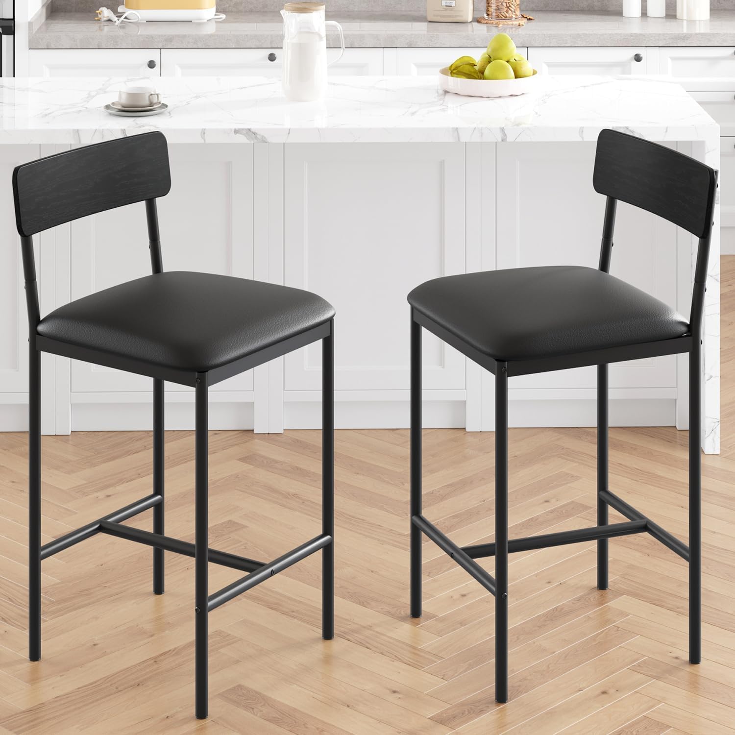 CABIHOME Bar Stools Set of 2, Barstool Set of 2, 25.5 Inches Upholstered Bar Chairs for 2, Counter Height Bar Stools Set for Island, Counter Bar, Retro Black
