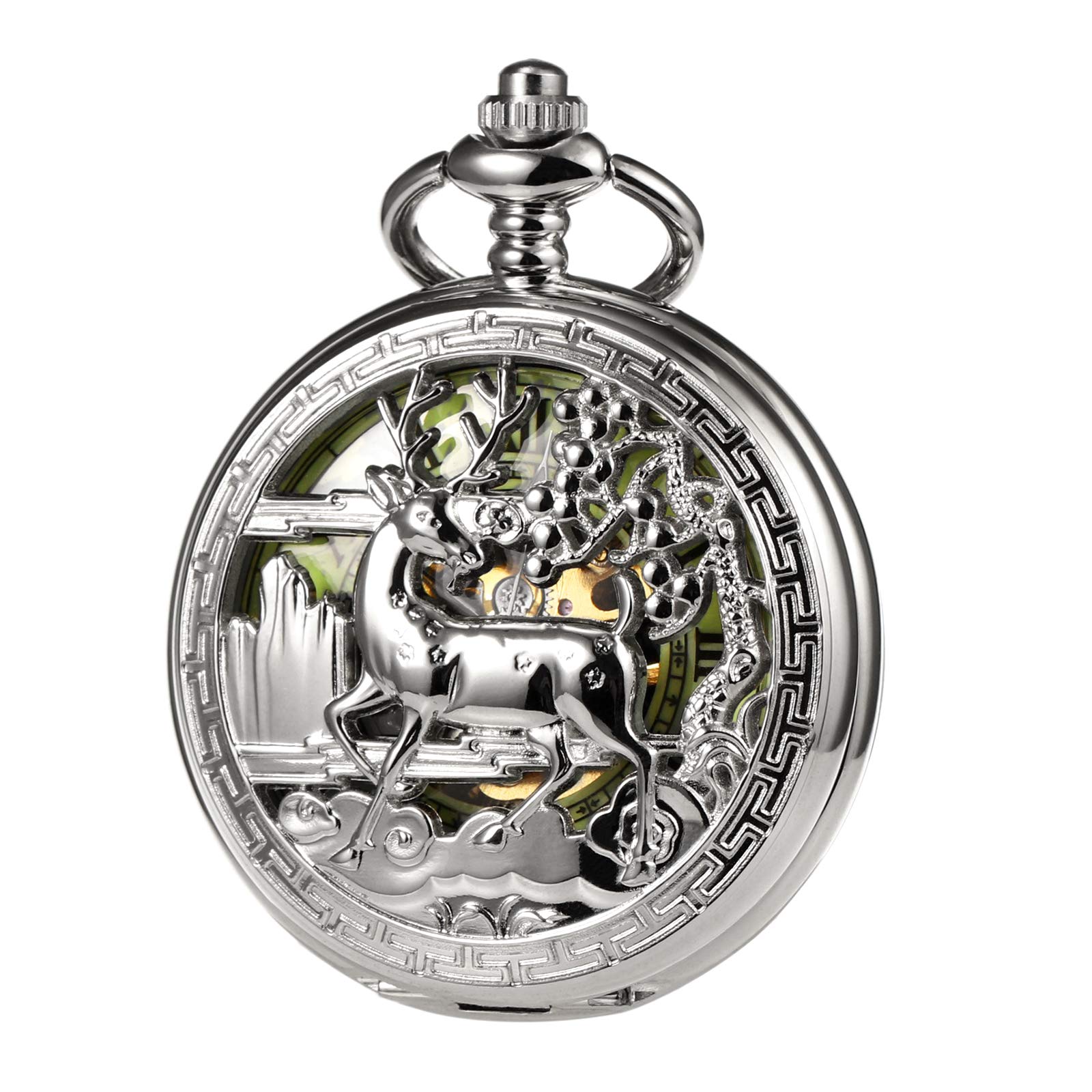 TREEWETO Montre gousset unisexe mécanique double couverture, renne cerf lumineux, squelette steampunk pour homme et femme
