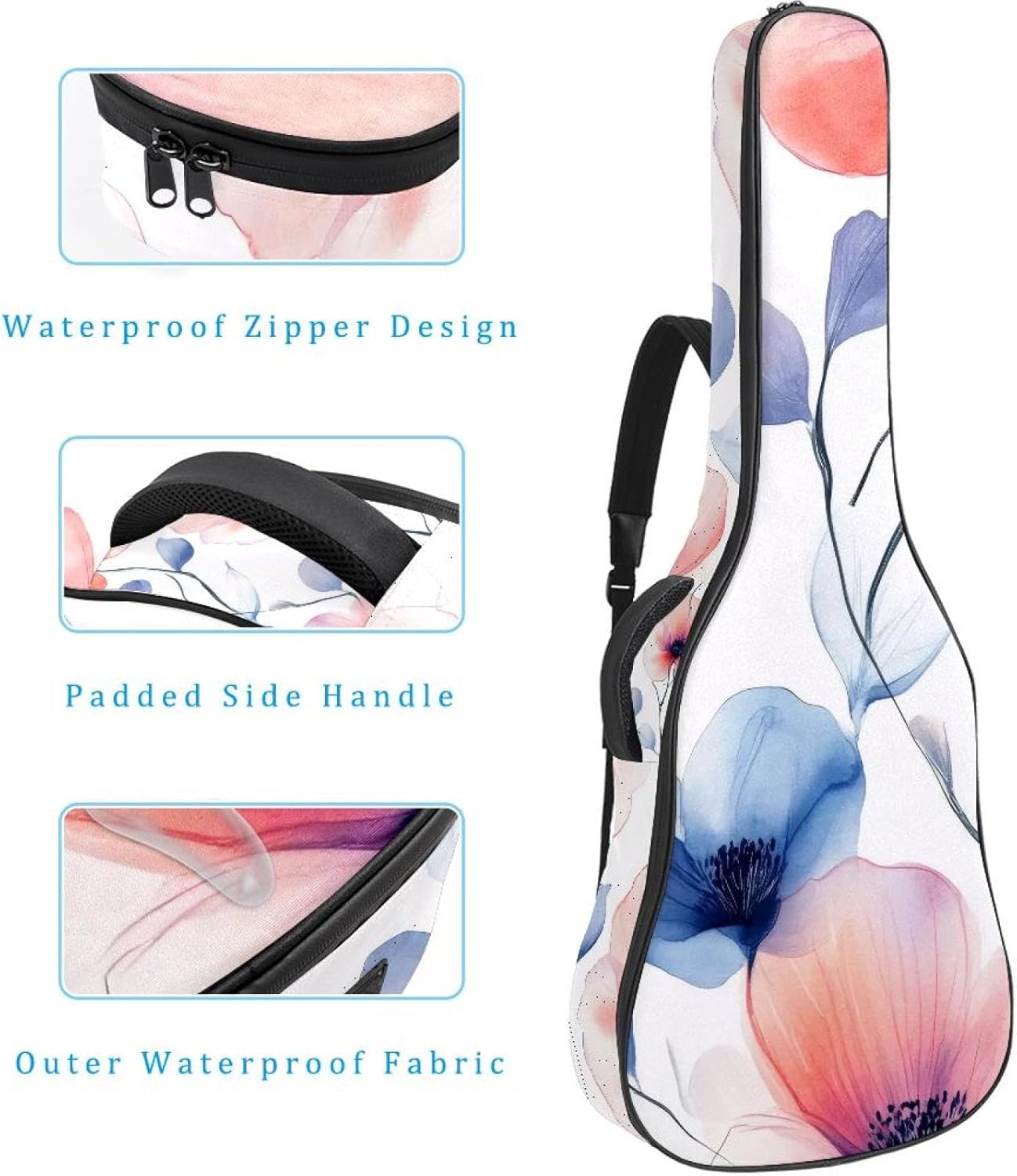 Watercolor Flowers Floral Pattern Acoustic Guitar Gig Bag, 1 cm Thick Padding Waterproof Guitar Bag Backpack for 40 41 42 Inch Electric Bass Classical Guitars