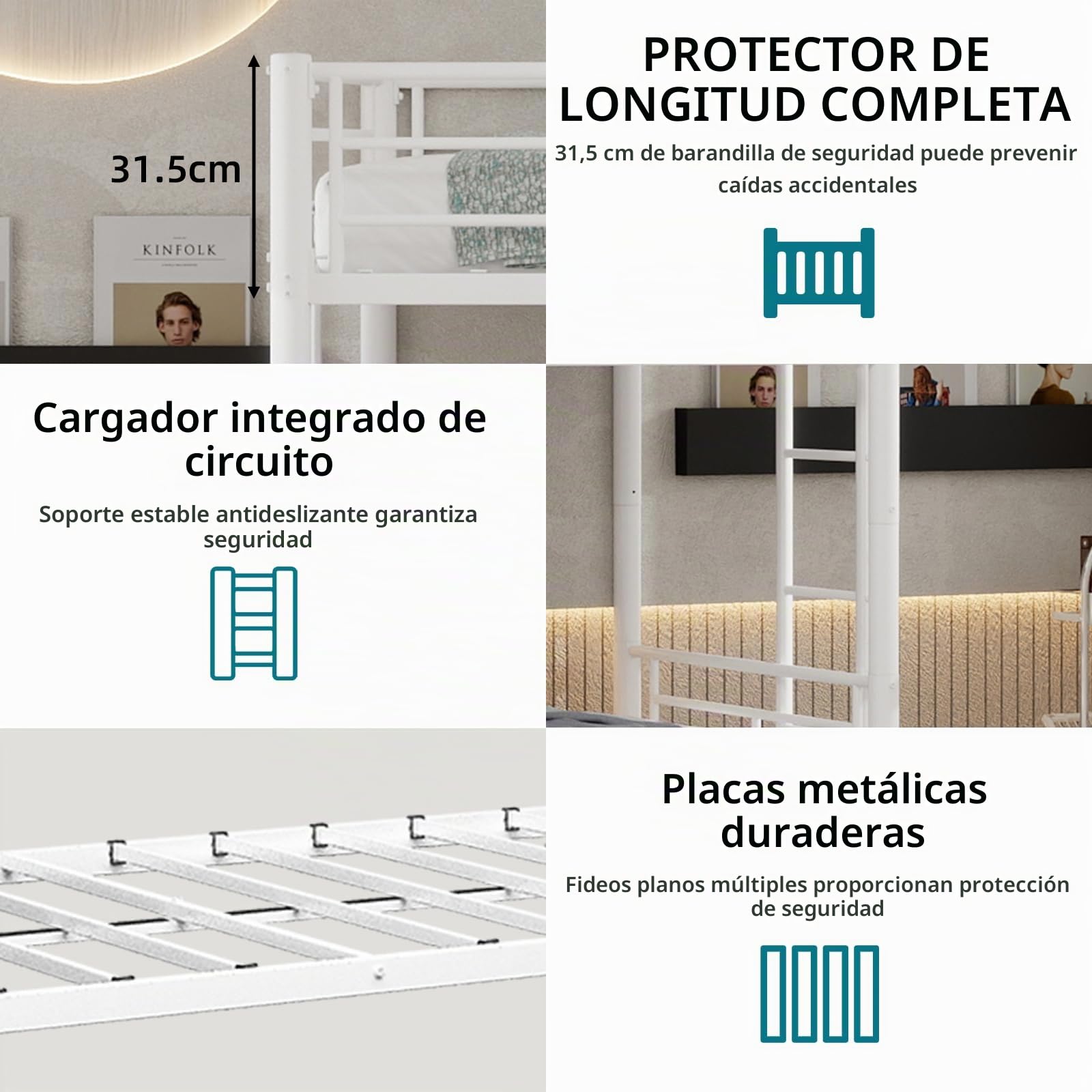 OKMYHOME Litera Convertible 90 x 190 cm – Cama infantil con escalera y guardaespaldas silenciosos, hierro – Sin colchón – Blanco