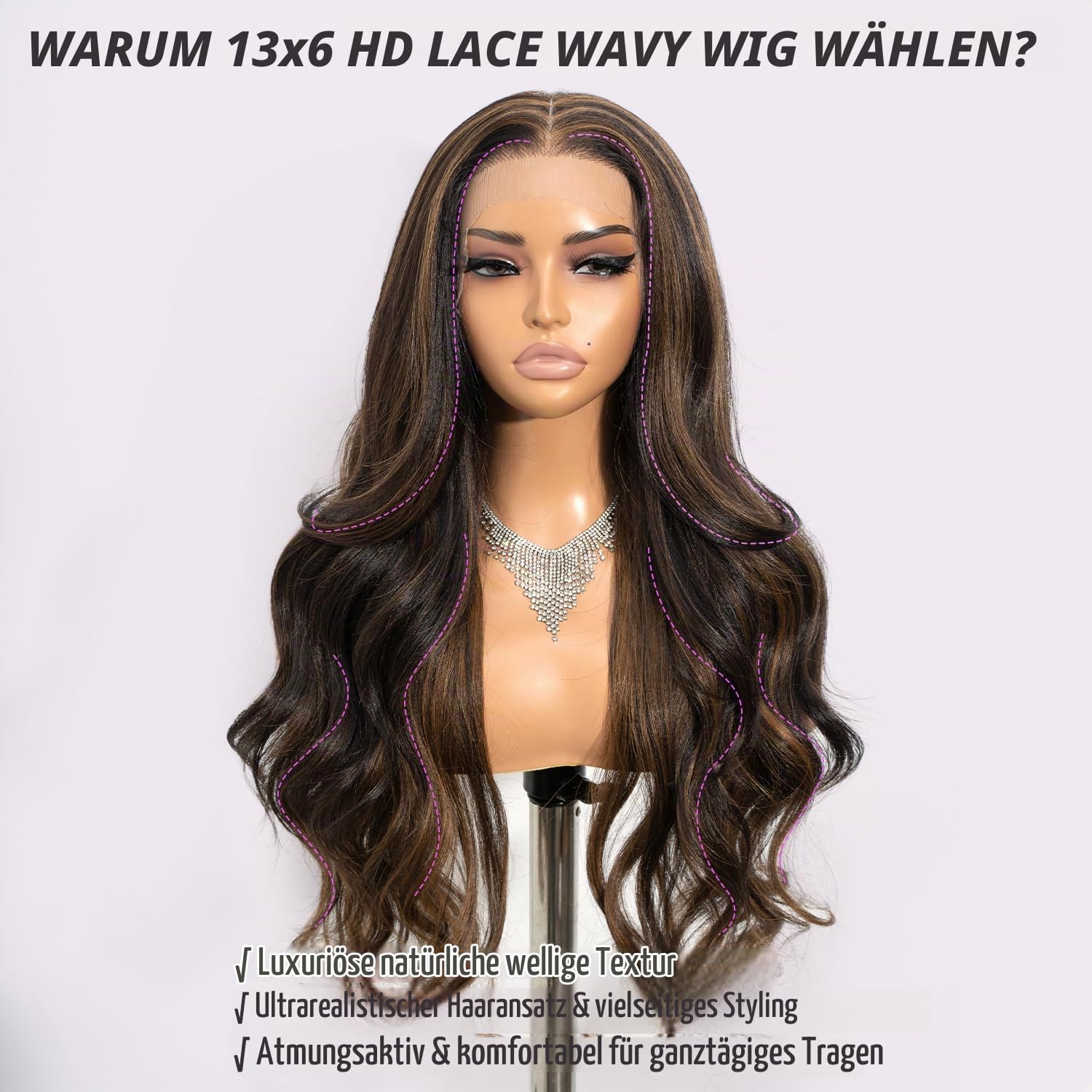 Joedir 13X6 HD Spitzenfront-Perücke, Lange Wellige Perücke mit Abgestuften Vorhangpony, 26 Zoll, Gesichtsbetonende Spitze, Prä-platzierte Synthetik-Perücke für Frauen