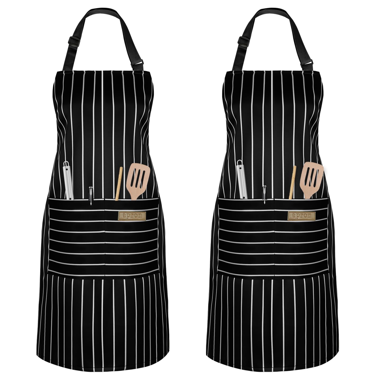 Vicloon Küchenschürze,2 Stück verstellbare Schürze mit 2 Taschen,Maschinenwaschbar, farbecht Schürze für Männer Damen Küche Restaurant Café-Breite schwarze Streifen