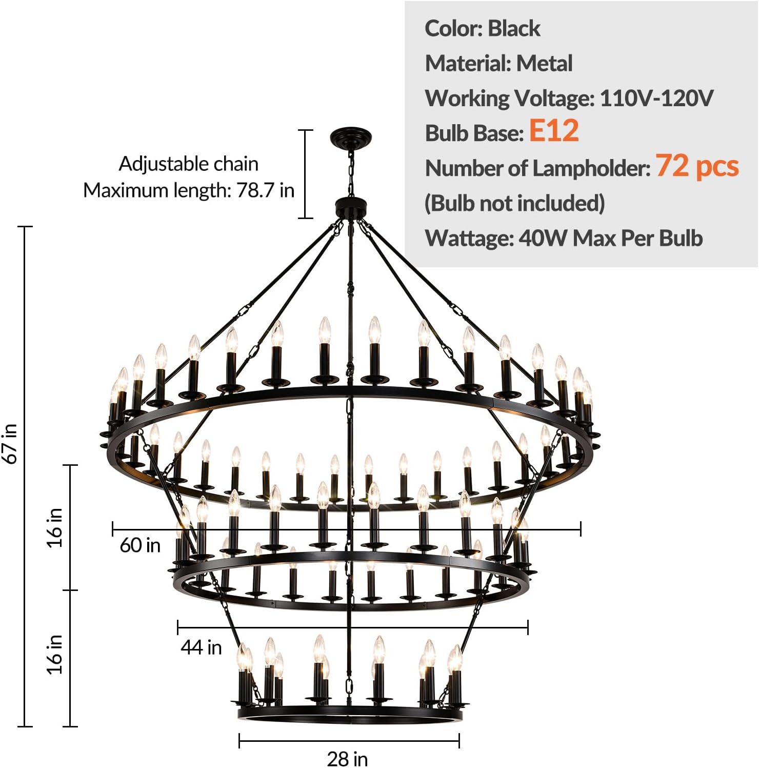 Extra Large 3 Tier Wagon Wheel Chandelier,Big Circle Chandelier Light Fixture, Round Chandeliers for High Ceilings Foyer Entryway Dining Room Living Room(60-Inch 72-Light)