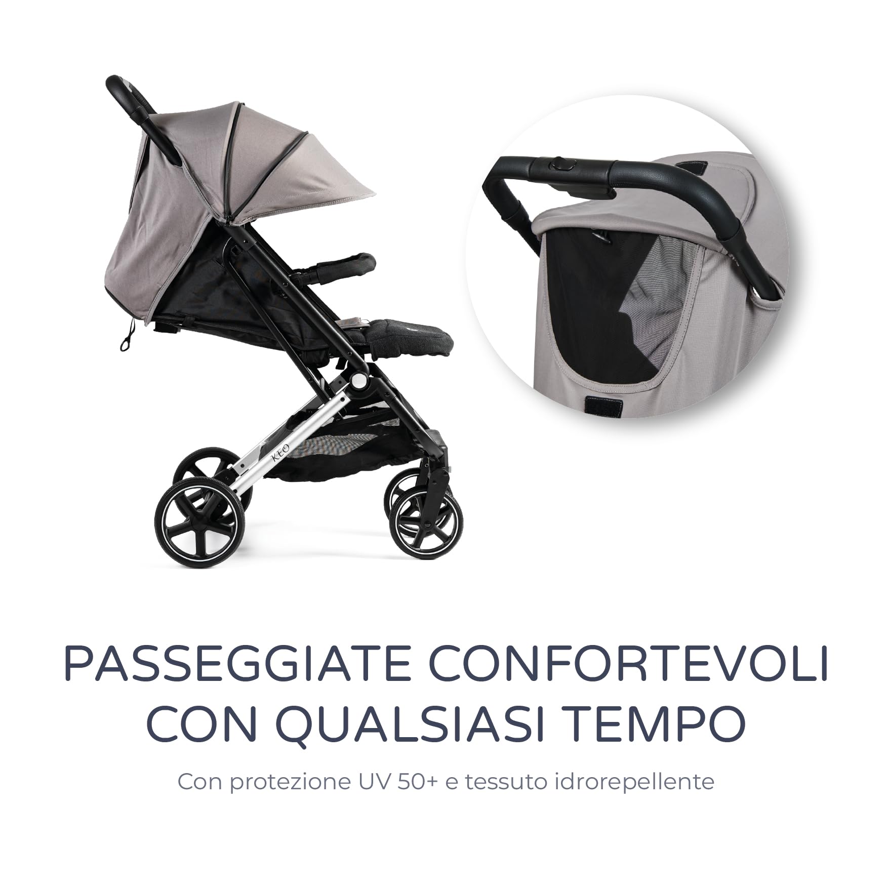 MS Keo Passeggino - Passeggino, Ultraleggero e Compatto - Fino a 22 Kg, Capottina Allungabile e Pieghevole tipo Libro (Grigio)