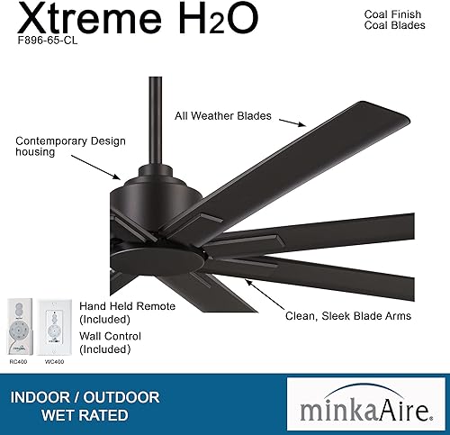 Miniatura 9 de MINKA-AIRE F896-65-CL, Xtreme H2O Ventilador de techo de 65 pulgadas en acabado carbón con control remoto y pared adicional Níquel cepillado