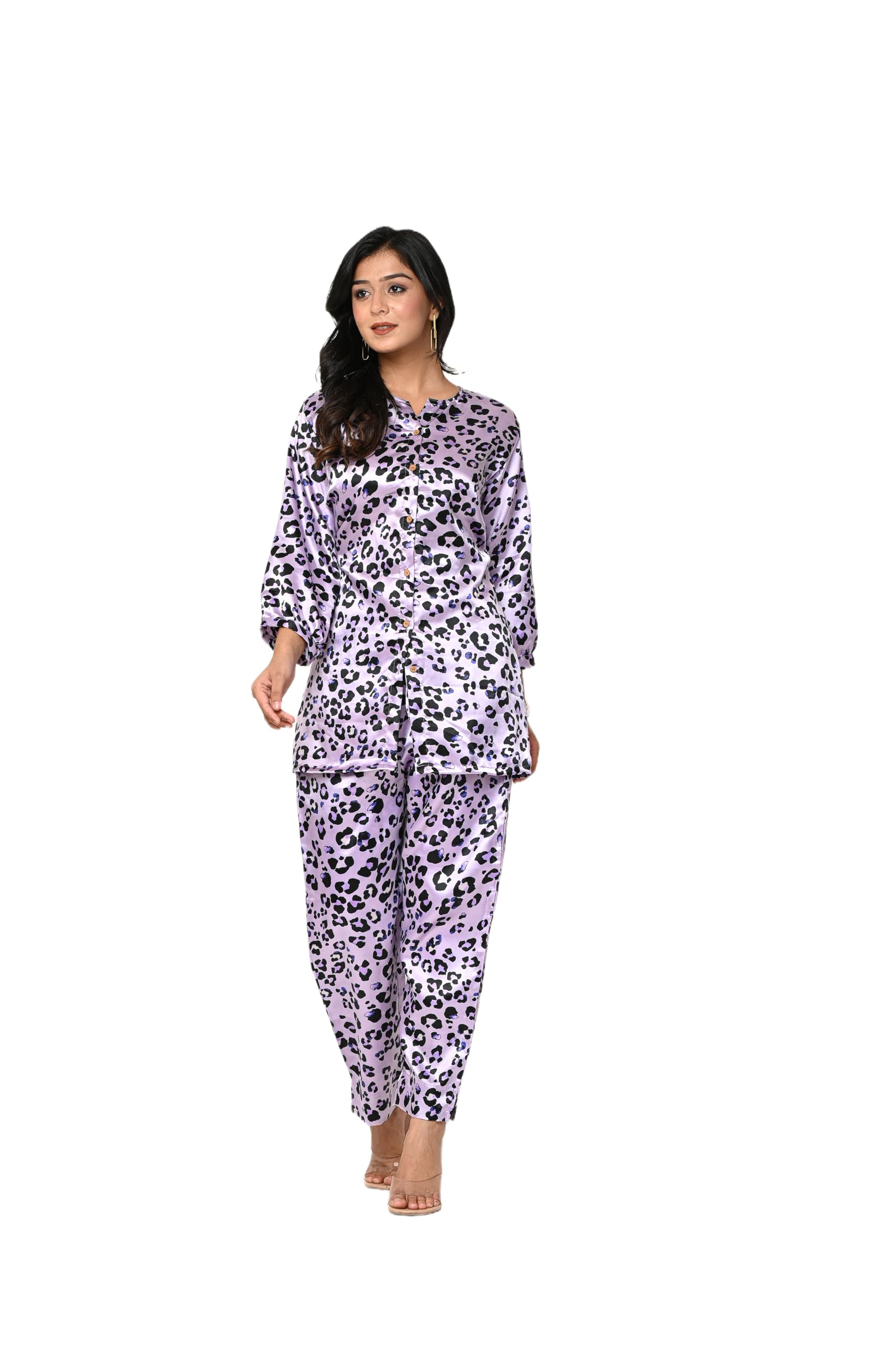 chhaap tilak Women Satin Animal Printed Co-ord Set with Long Top and Straight Pants | Trendy Two Piece Outfit for Women (Lavender & Black)-picture-20