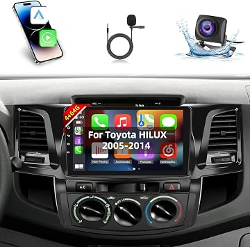 4 + 64G Android Car Stereo for Toyota HILUX 2005-2014 - 9 بوصة HD شاشة تعمل باللمس مع Carplay اللاسلكي و Android Auto - 32 EQ / WiFi / GPS / SWC + AHD Rear View Camera، MIC