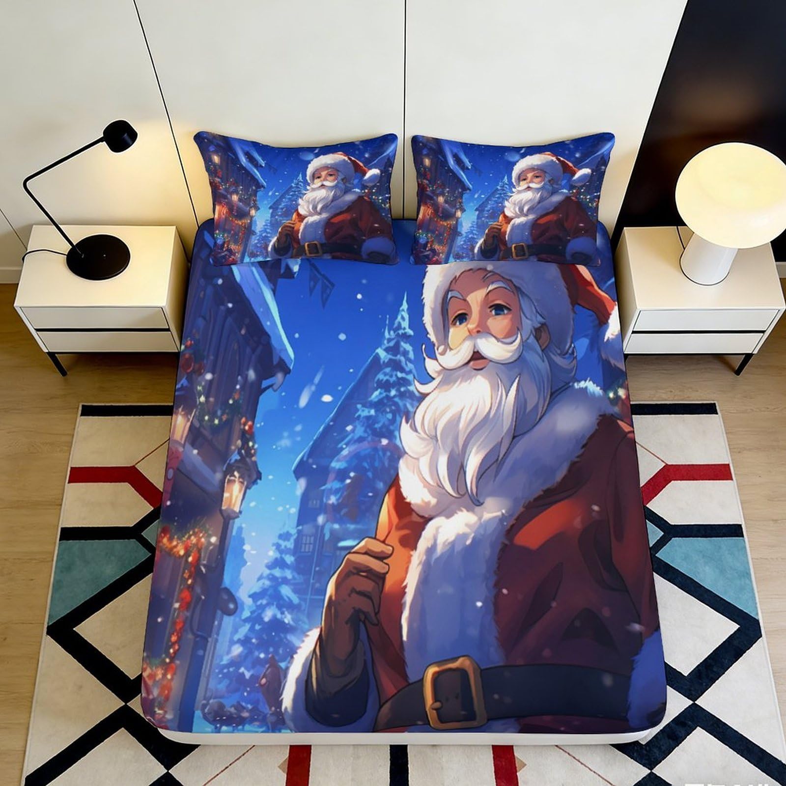 3D Printed festive Santa Fitted Sheet, Microfiber soft touch, wrinkle resistant, home decor, bed cover for Christmas apartment bedding, easy care, 180x200x25cm