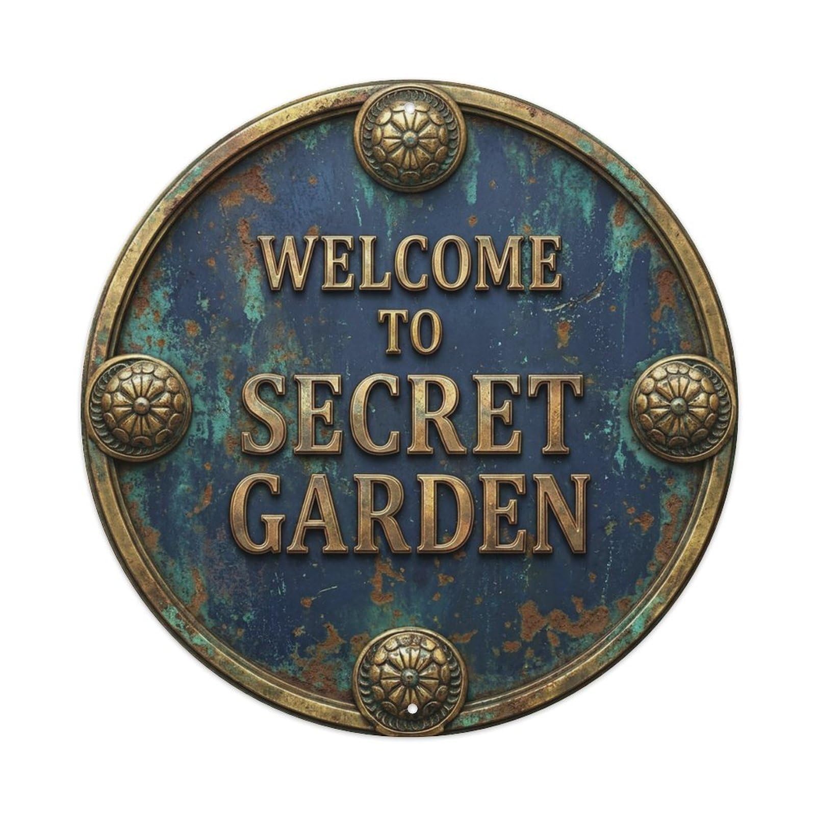 Vintage Welcome Secret Garden Gold Navy Embossed Metal Tin Sign