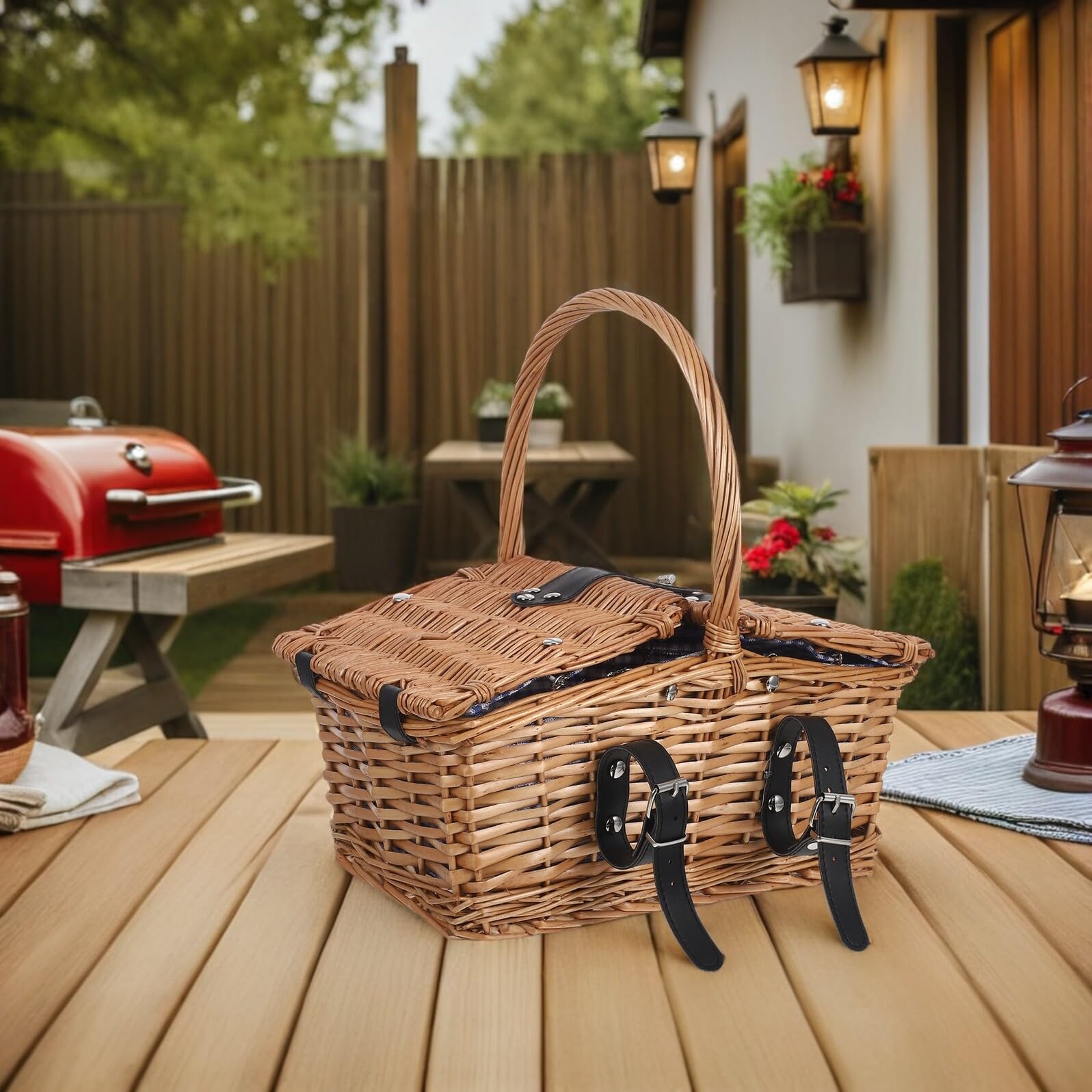 Housoutil Cestino da Picnic Intrecciato a Mano in Salice e Rattan con Doppio Coperchio e Manico Piccolo Cestino Portaoggetti e Alimenti per Picnic All’Aperto Feste in Giardino e Gite