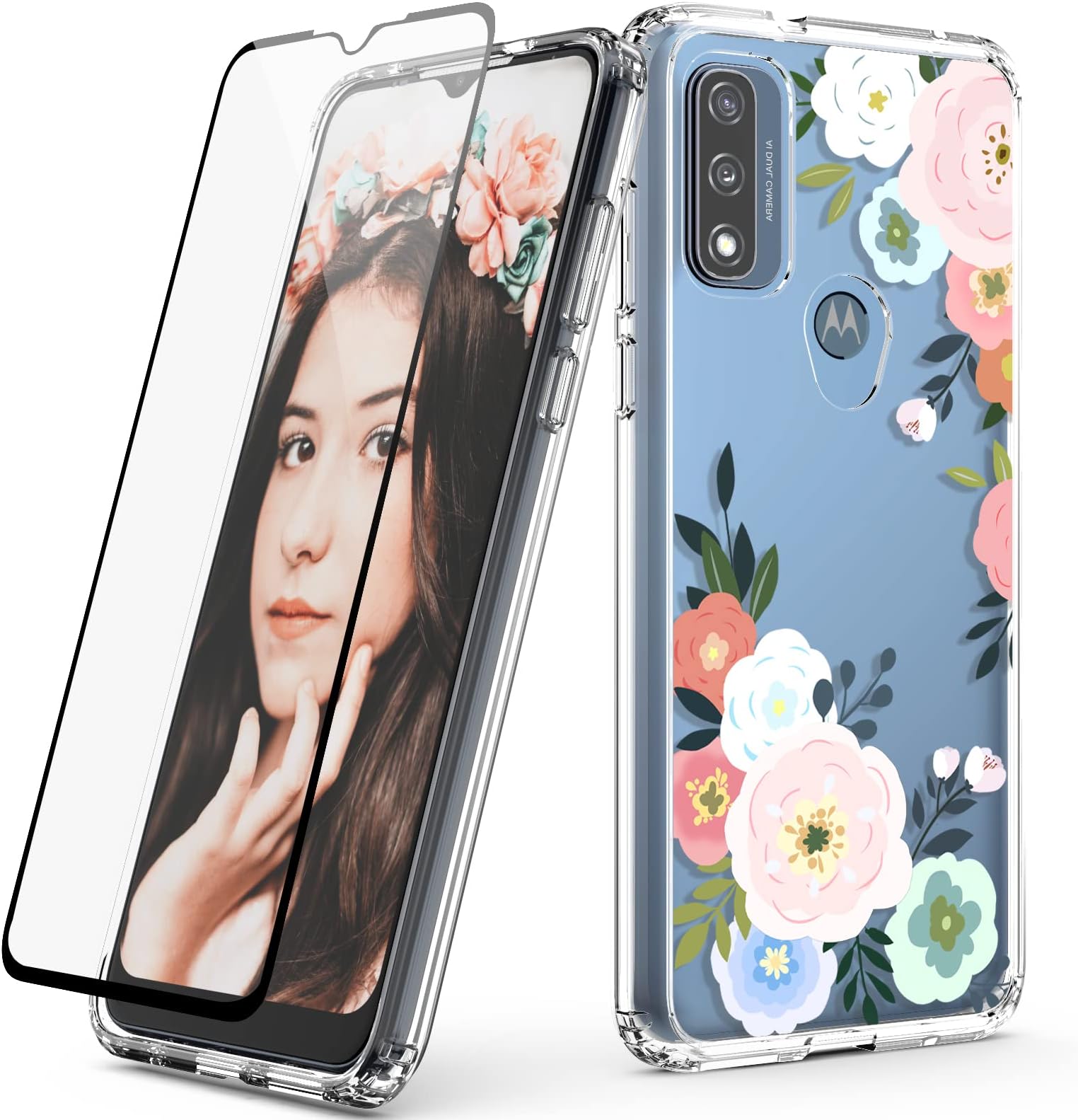 DagoRoo for Motorola Moto G Pure case with Tempered Glass Screen Protector, Moto G Pure Crystal Clear Flower Pattern Case, Slim Shockproof Soft TPU + PC Full Body Cover for Girls Women