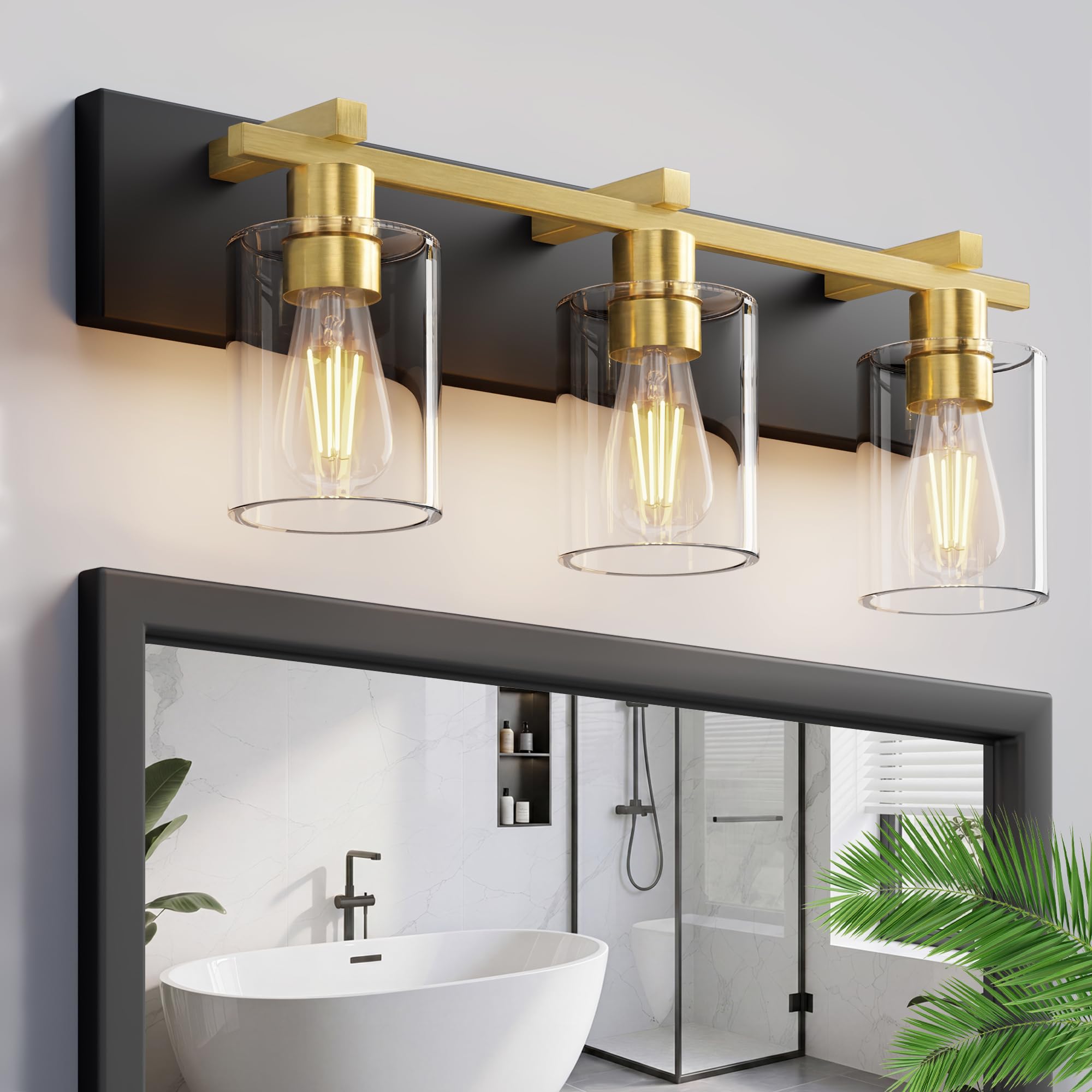 3-Light 21inch Black and Gold Vanity Light, Thickened Clear Glass | Over Mirror for Bathroom, Rust Resistant, E26 Base, Easy Install, Removable Glass Shade Horizontal Mount, Dimmable