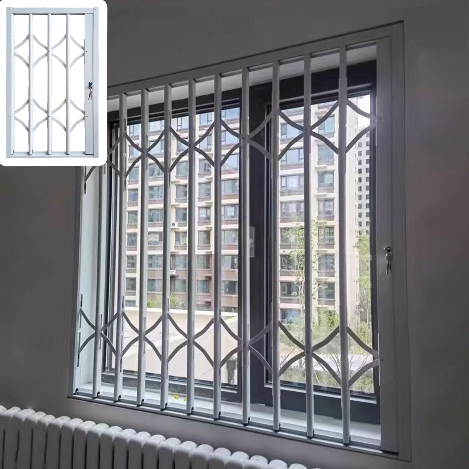 Folding Security Bars With Blokada Okna Dekoracyjne Ochraniacze Do Wnętrz 30-48 cali Szerokości Zapobiegające pękaniu Idealne do piwnicy i bezpieczeństwa w domu (117 x 105 cm)