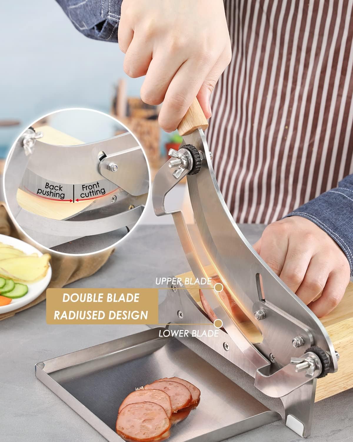Moongiantgo Affettatrice Manuale per Medicina Cinese, 0-12mm Regolabile | 23cm Lama in Acciaio Inox, Spessore Regolabile, Vassoio Magnetico, Base in Legno, per Ginseng, Gastrodia, Carne Secca, Erbe