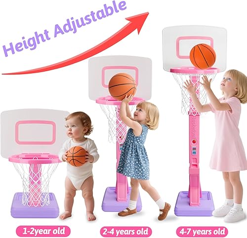 Miniatura 2 de Mini aro de baloncesto para niñas pequeñas, color rosa, ajustable, con bomba de bola para exteriores, juguetes junto a la piscina para patio