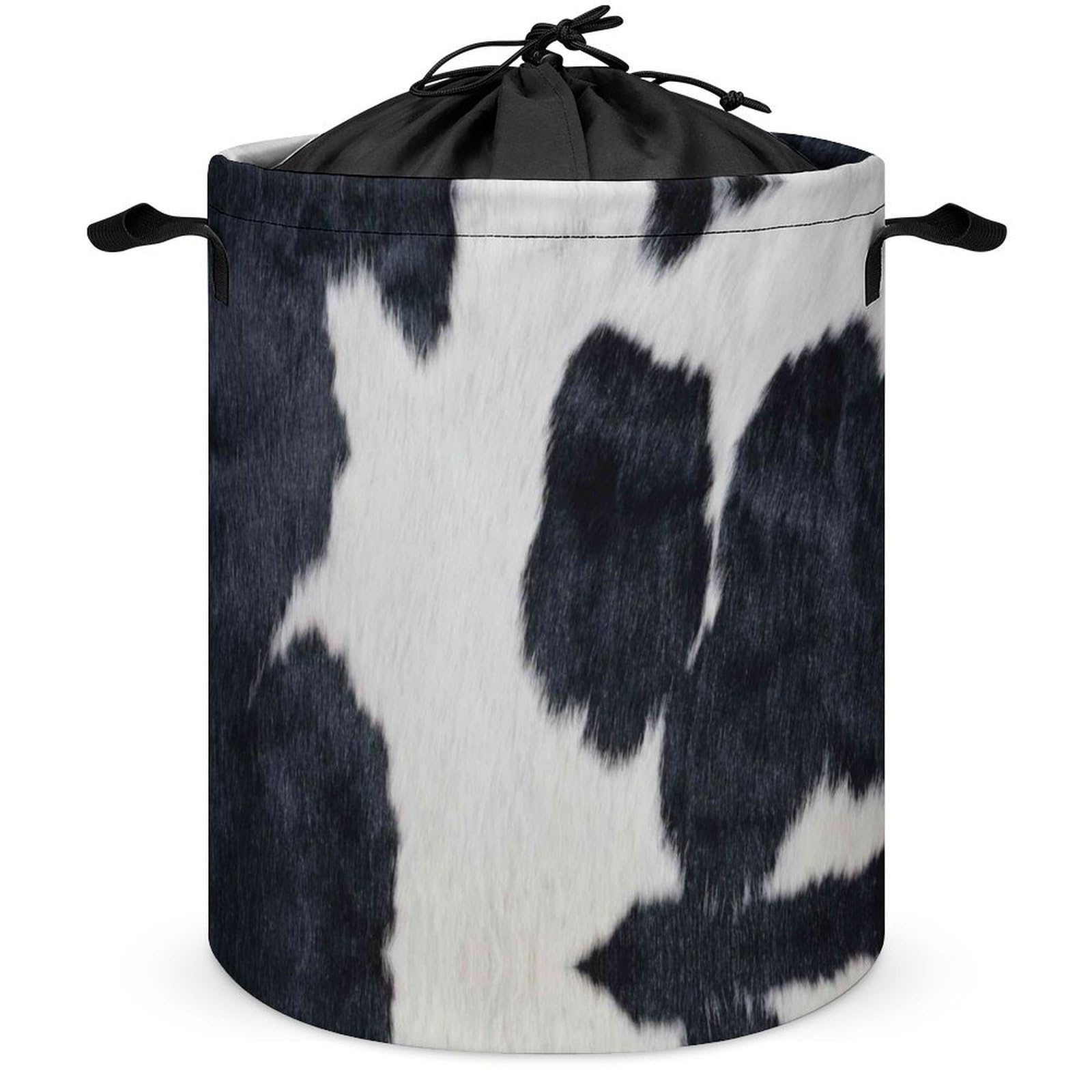 Qjjinxior Drawstring Laundry Hamper, Black Cowhide Laundry Basket, Washing Basket with Handle