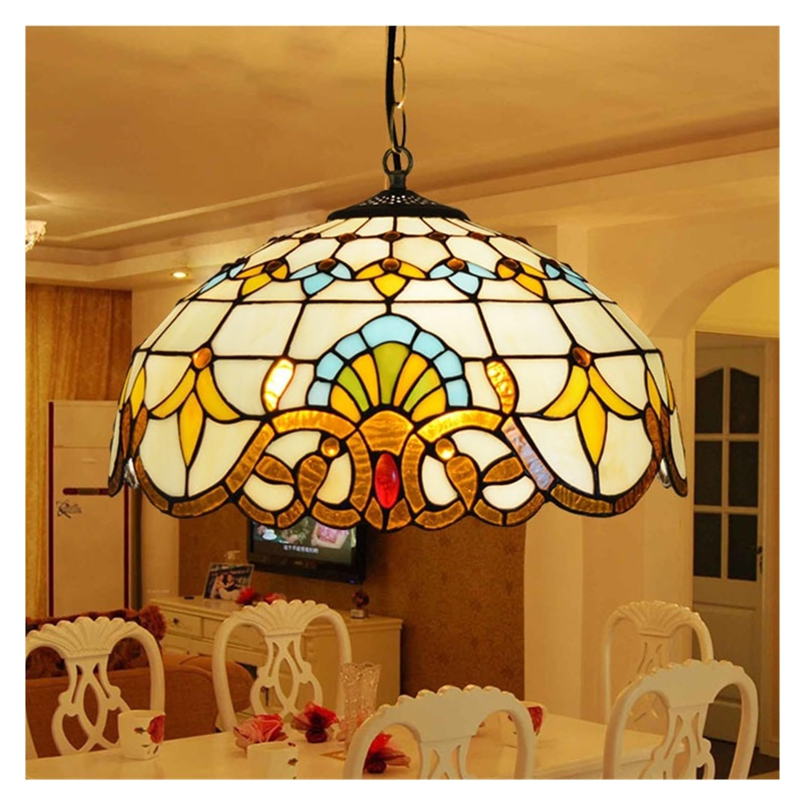 Lampy Wiszące Tiffany Witraż Łańcuch Oświetleniowy Oprawa Podwieszana Do Salonu Domowego Jadalni E27 Oszałamiający Wizualnie Klosz(Red dia20cm)