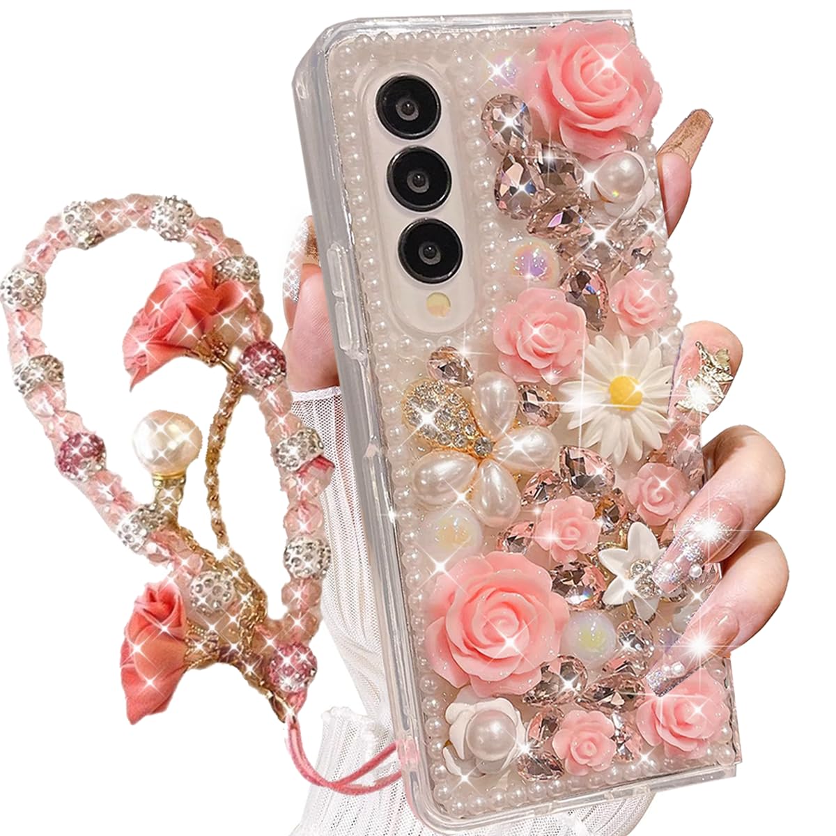 AuroiCCY for Samsung Galaxy Z Fold 6 Case,Cute Bling Glitter Sparkle Stunning Stones Diamond Rhinestone 3D Handmade Pearl Rose Flower with Wrist Lanyard Women Girly for Galaxy Z Fold 6 (Pink)
