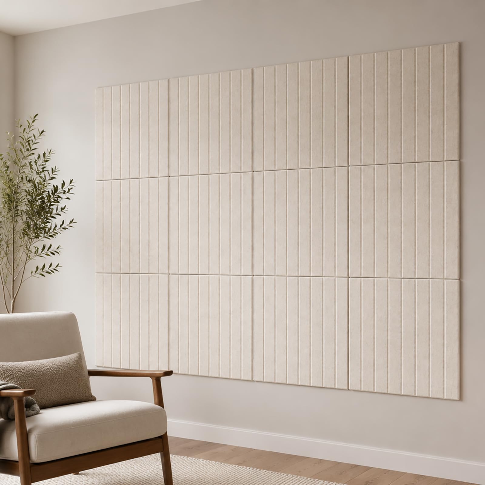 Felt Bulletin Board Tiles with 35 Push Pins 60 Adhesive Pads - 48 x 36 inch Pin Board, 12-Pack Slat Wall Paneling, Bulletin Notice Board for Office Home Wall Decor, Light Camel