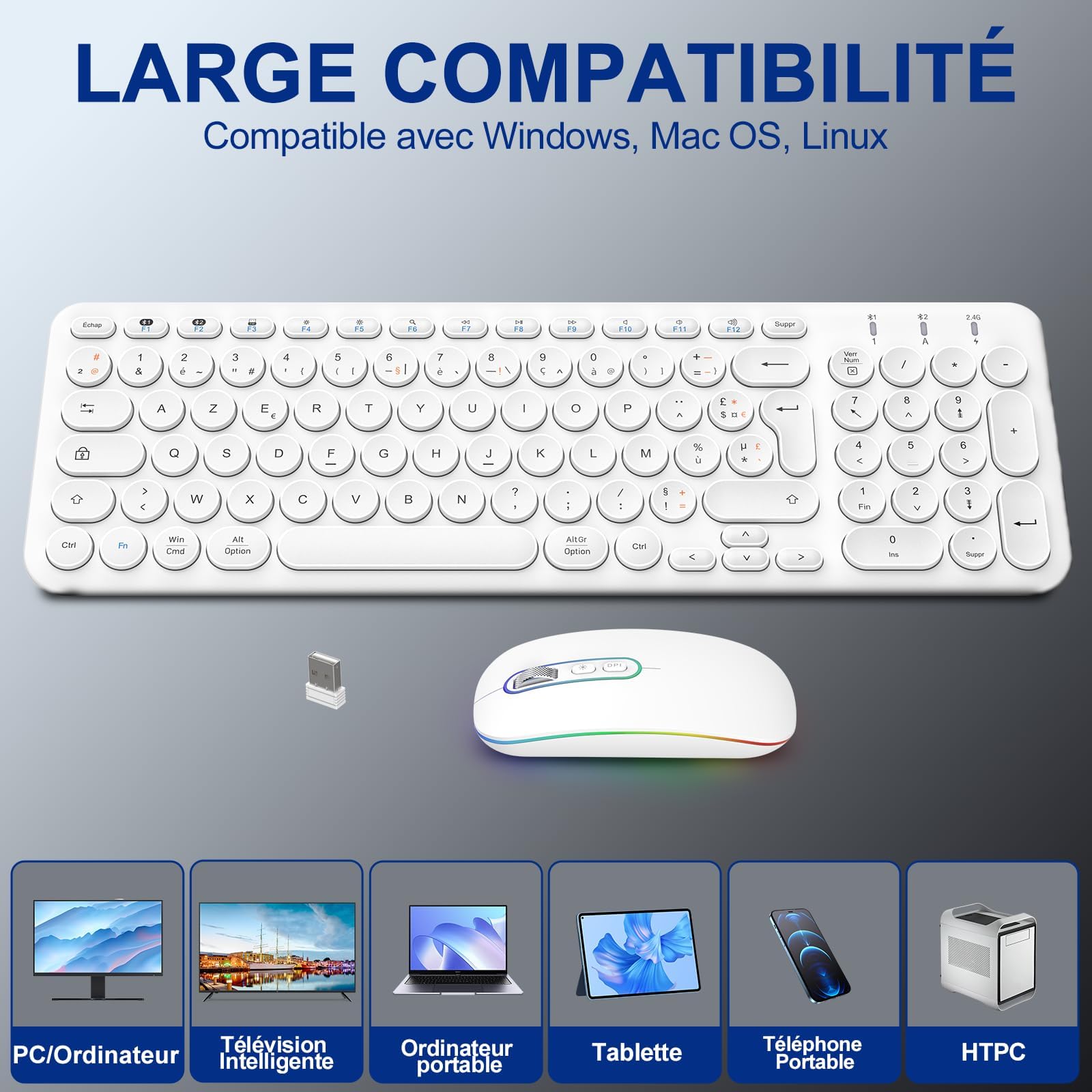Cimetech Ensemble Clavier Souris sans Fil Rechargeable Multidispositifs (2,4 GHz+BT1+BT2), Combo Clavier Français et Souris avec Pavé Numérique pour Wins/Linux/MacOS (Blanc)