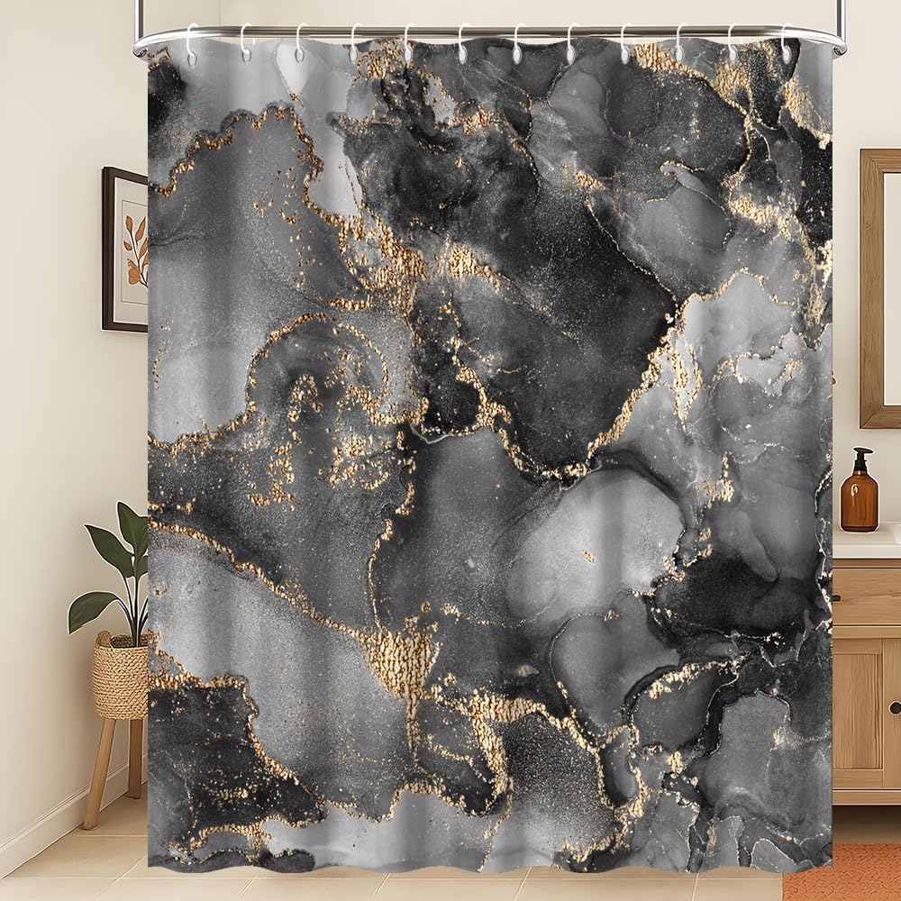 Xiaoterna Marble Fabric Shower Curtain Abstract Black Gold Grey Marble Textured Waterproof Bathroom Curtain Modern Luxury Elegant Mildew Resistant Machine Washable Home Decoration 150x200cm