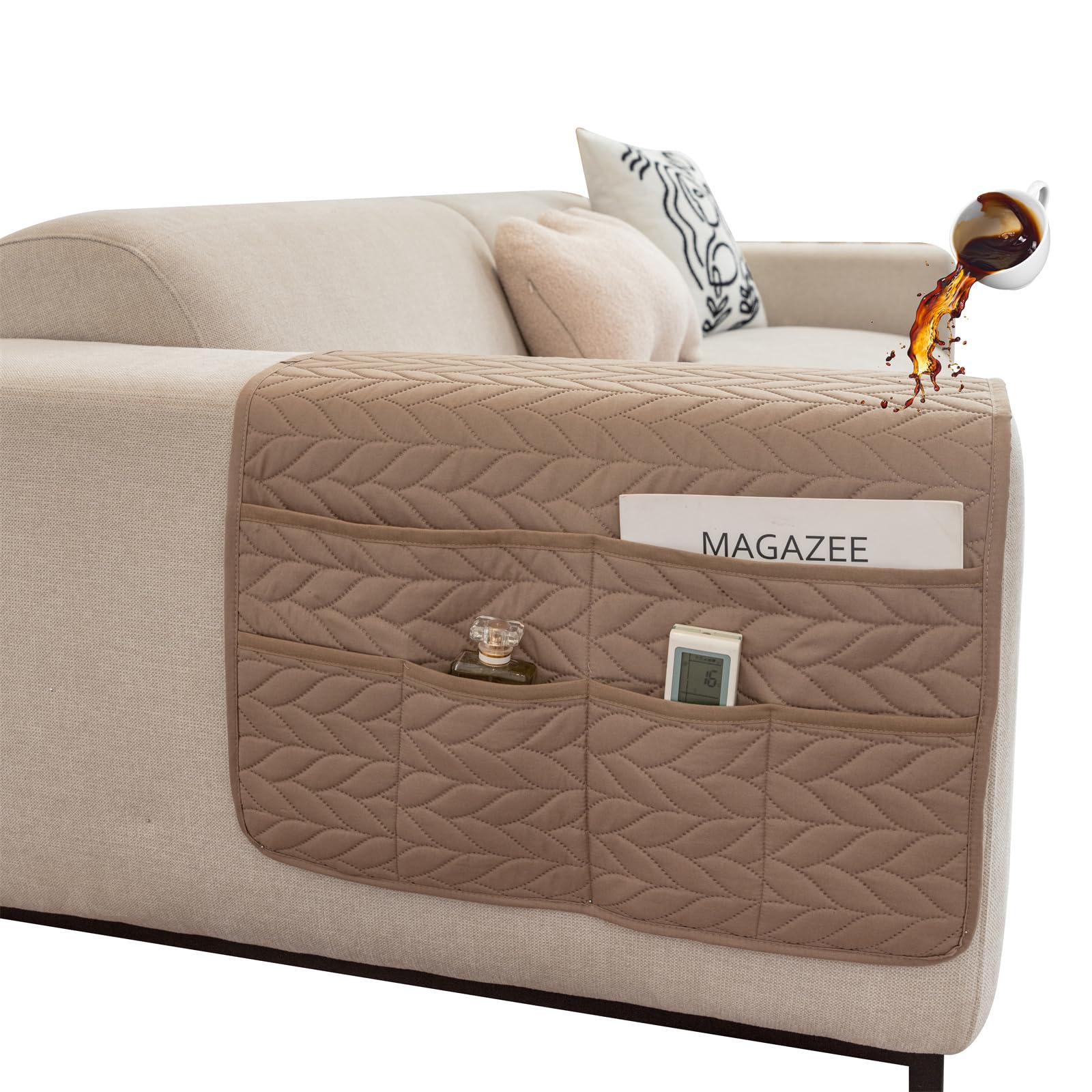 Xdks Taupe Sofa Armrest Organizer Caddy Anti-Slip Armchair Storage Bag Remote Control Holder For Recliner Couch With Pockets For Cellphone Magazines Glasses Space Saver Bag (Taupe)
