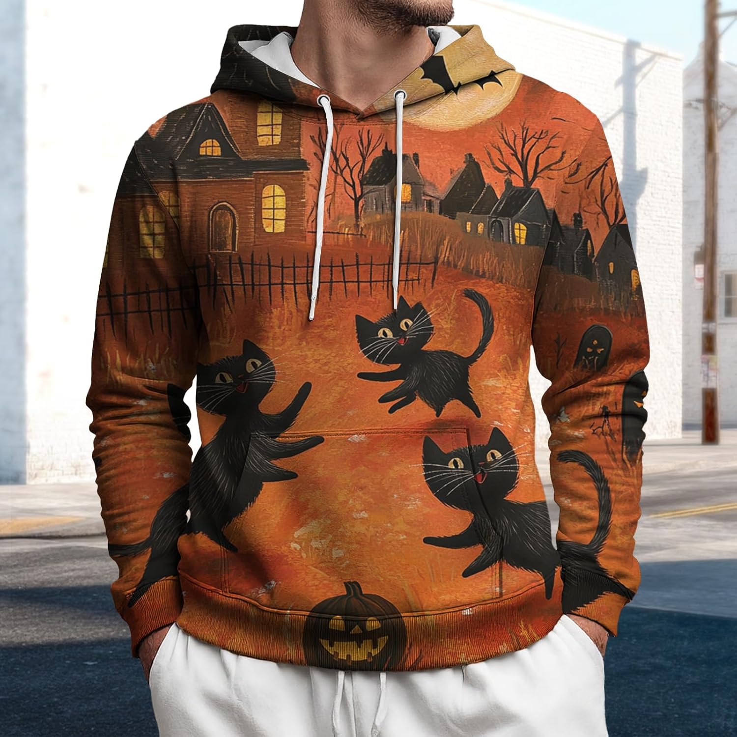 Hooded Sweatshirts for Men Novelty Halloween Graphic Print Hoodies Causal Fall Drawstring Pullover Tops with Pocket - Image 2
