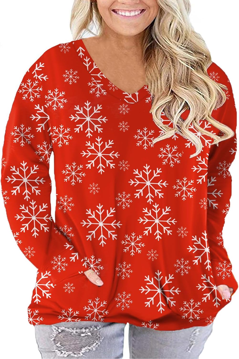 ROSRISS Plus-Size-Tops for Women Long Sleeve V Neck Shirts Oversized Pockets Tunics