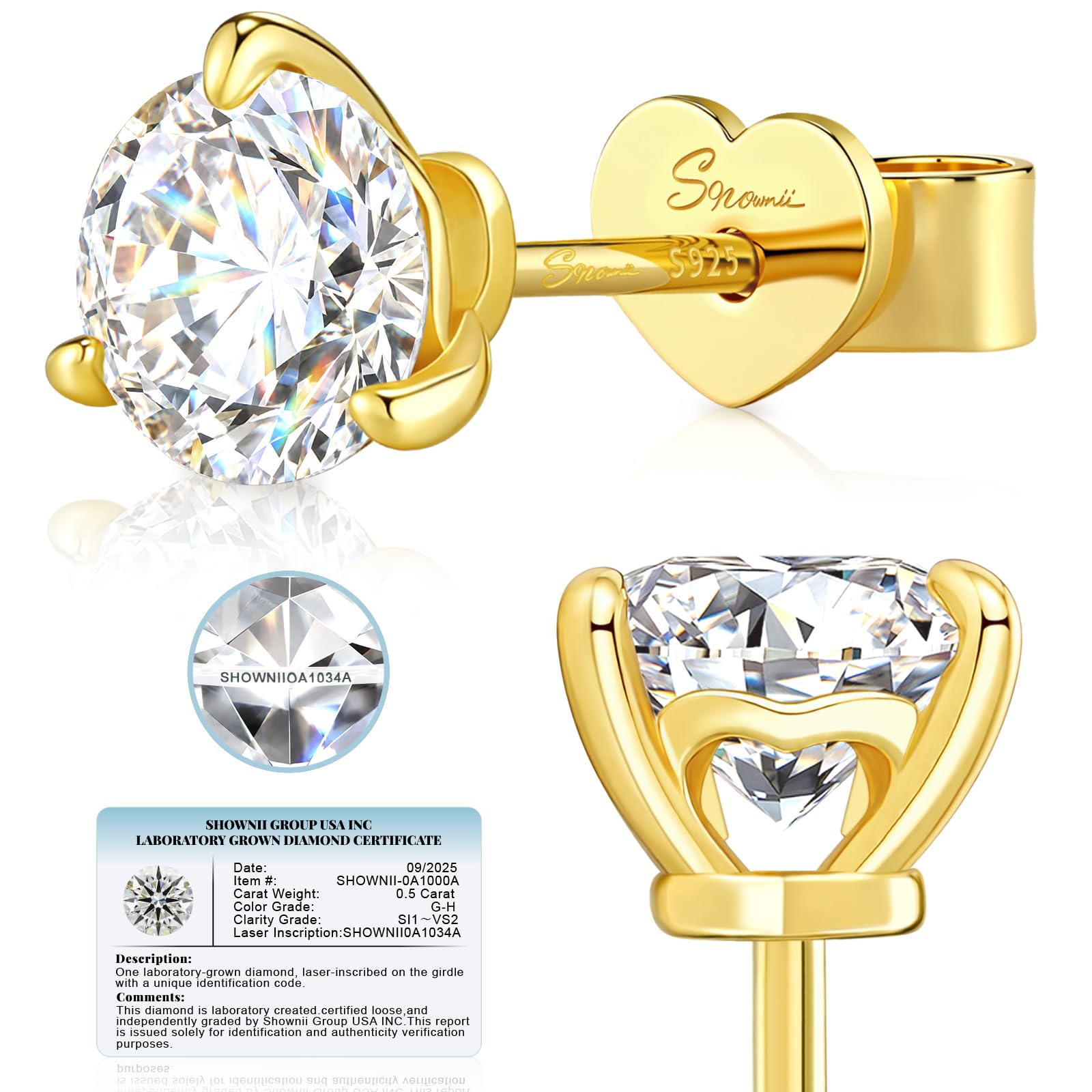 SHOWNII LAB GROWN Diamond Stud Earrings for Women 1CT Push Back