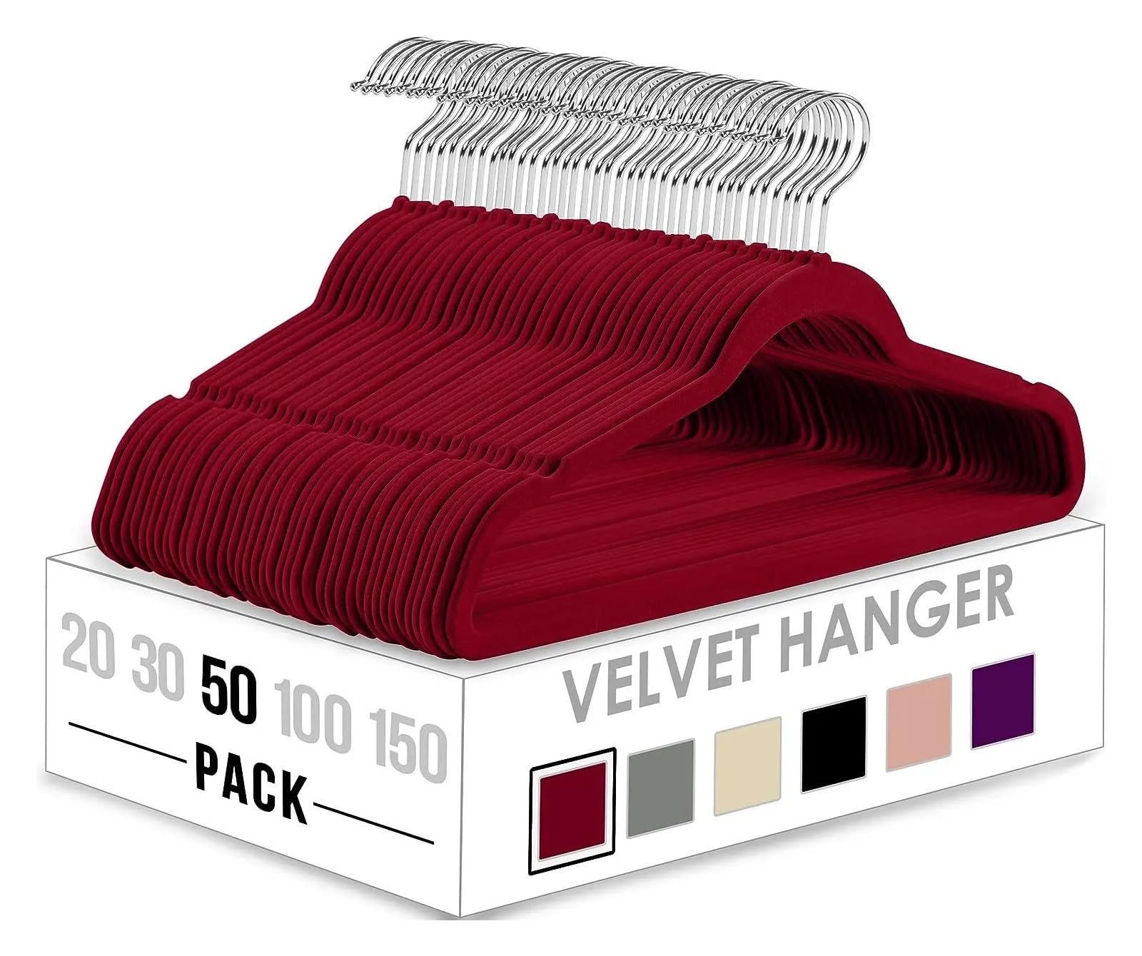 KFGISD, 50pcs Multiple Colors Flocking Multi-function Anti-slip Plastic Hanger Black Velvet Thickened Magic ，Hangers(Burgundy)