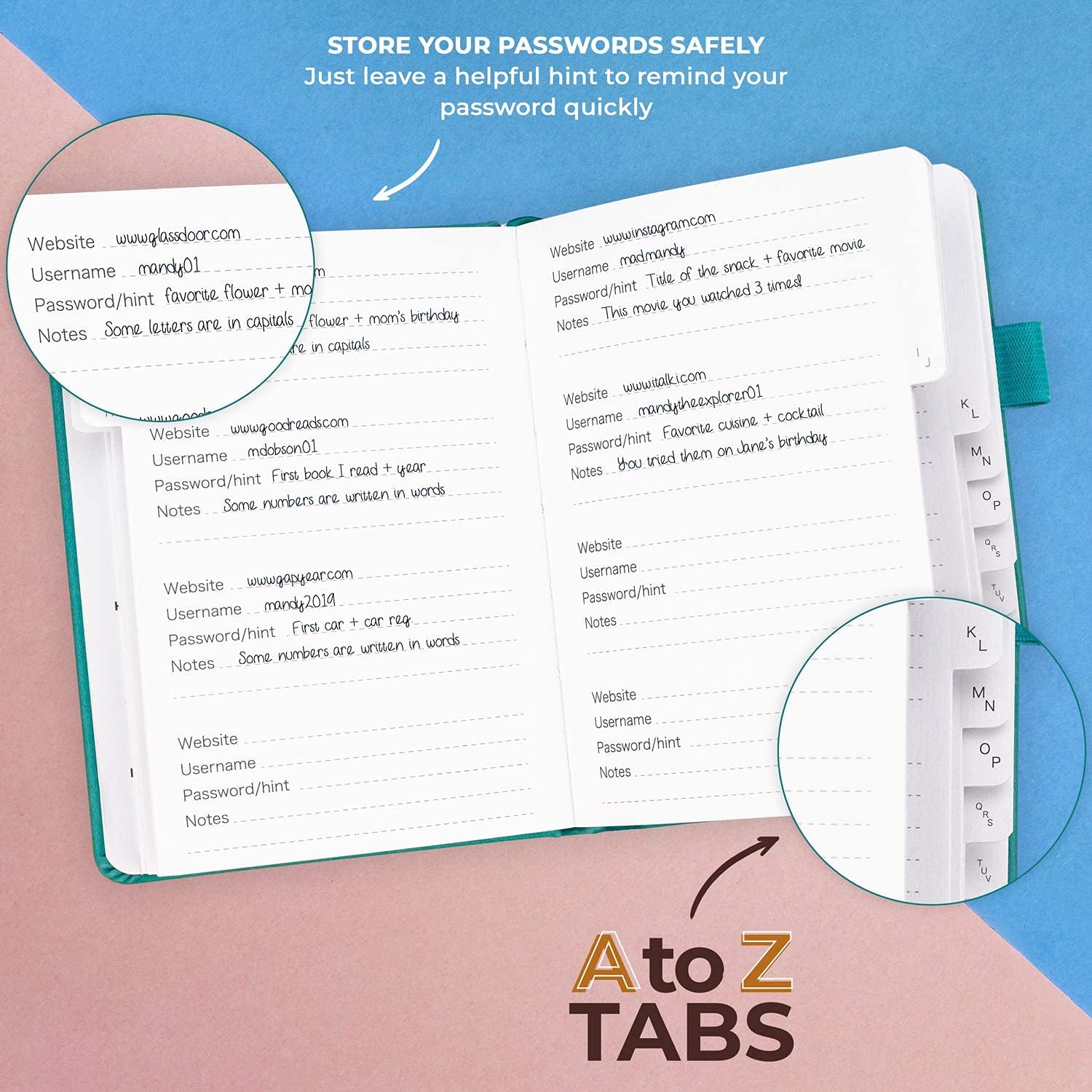 Clever Fox Password Book with alphabetical tabs. Internet Address Organizer Logbook. Medium Password Keeper for Website Logins (Turquoise) - Image 4