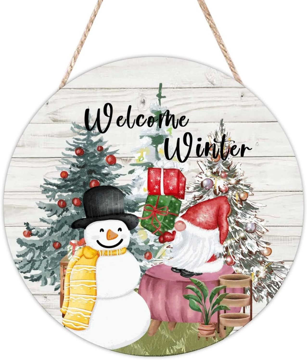 Welcome Winter Welcome Wood Door Sign, Gnome Round Welcome Door Hanger Sign, 16x16in Snowflake Welcome Wall Door Hanging Sign Decor for Outdoor Front Porch Farmhouse Housewarming Gifts