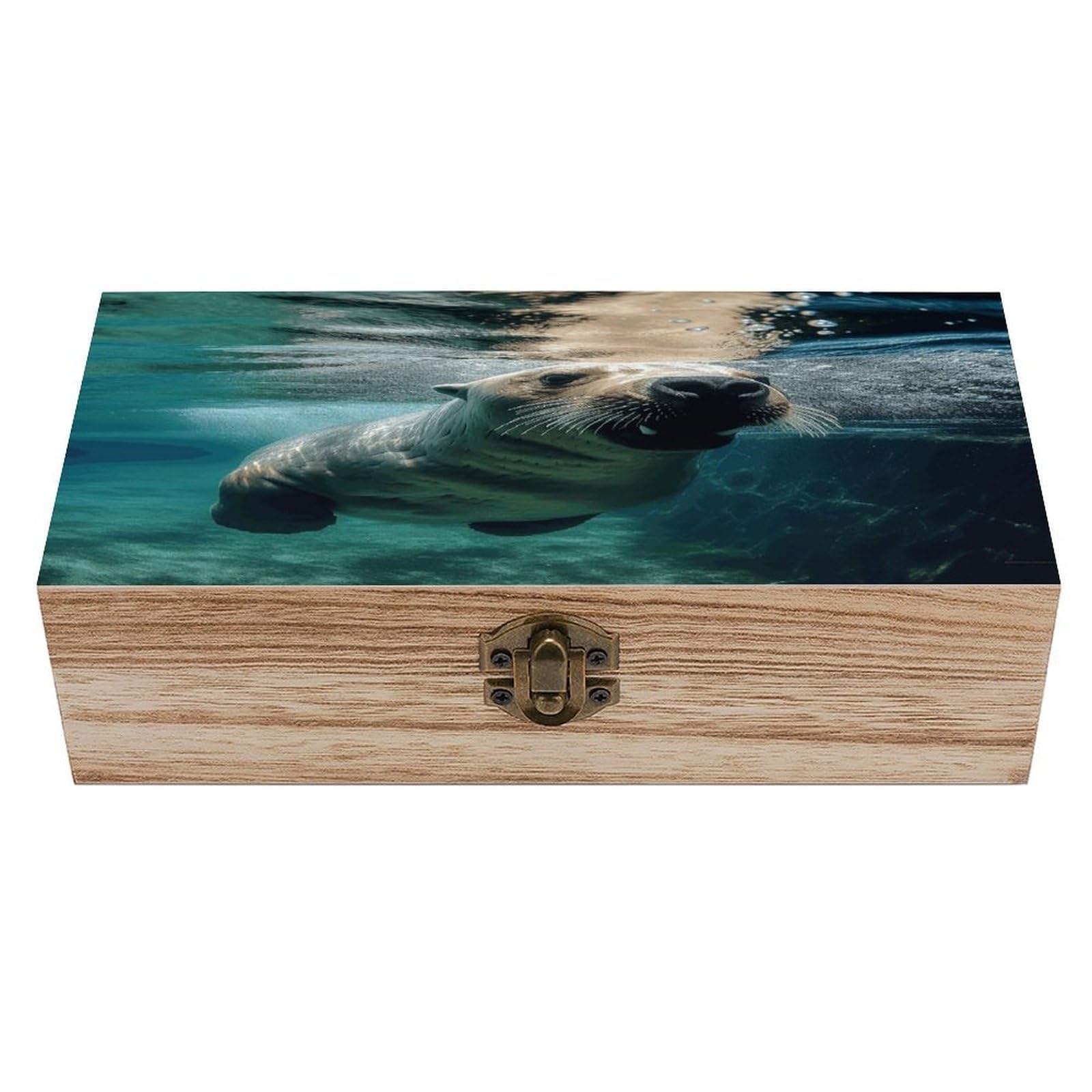 VstaDank Funny Sea Lion Wooden Box Sturdy Vintage Storage Box with Hinged Lid Exquisite Wood Keepsake Boxes Large Jewelry Case Cute Trinket Holder Unique Gift for Men & Women
