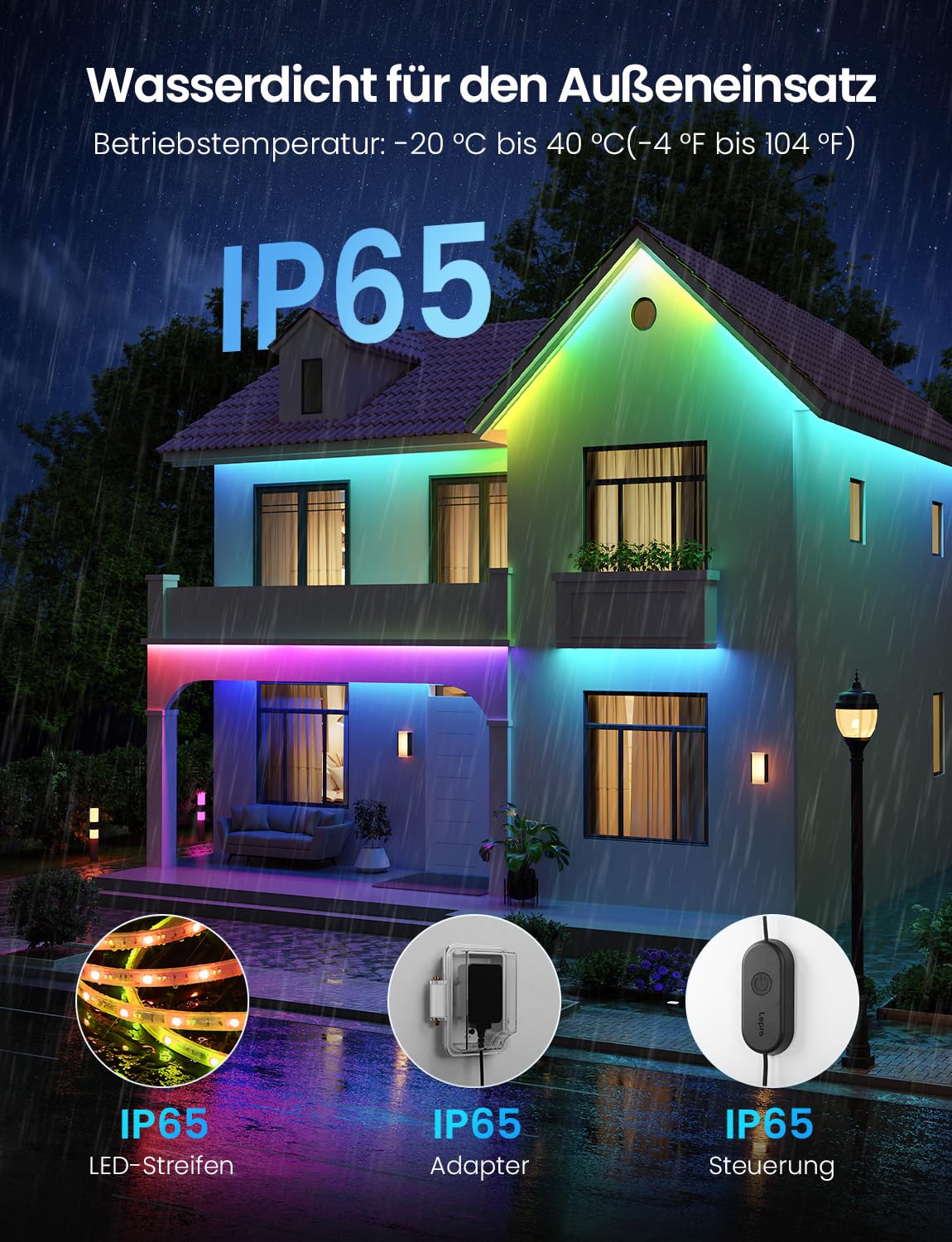Lepro AI Smart LED Strip SW1, 5m, RGBCW, IP65, für außen, Musik-Sync, WLAN | KI-Lichtdesigner und Foto-zu-Licht erzeugen persönliche Farben; IP65 schützt den 5m LED Strip im Außenbereich; im Alltag.