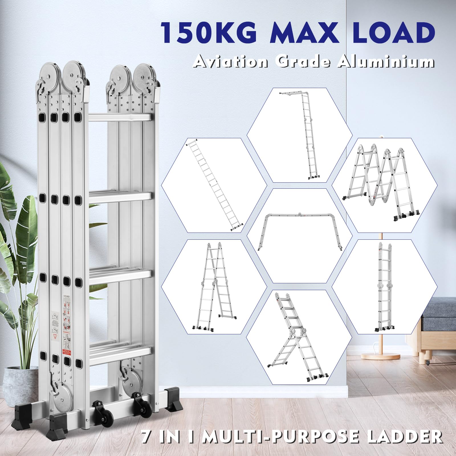 TEENO Mehrzweckleiter 4.70 M, 4x4 Stufen, 7 in 1 Aluminium Multifunktionsleiter mit 2 Abnehmbare Transportrollen und 2 Plattform, Bis 150 kg, Gelenkleiter Klappleiter Stehleiter Aluleiter 16 Sprossen