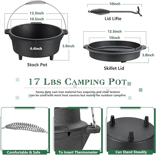 Miniatura 9 de HaSteeL Horno holandés de hierro fundido de 7 cuartos de galón, olla grande 2 en 1 presazonada y sartén con tapa, utensilios de cocina pesados