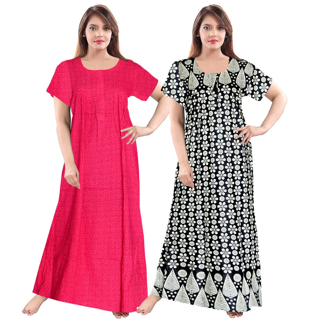 Trendy FabWomen's Pure Cotton Printed Full Length Front Zipper Attractive Maxi Nightdresses (Pack of 2 PCs.)