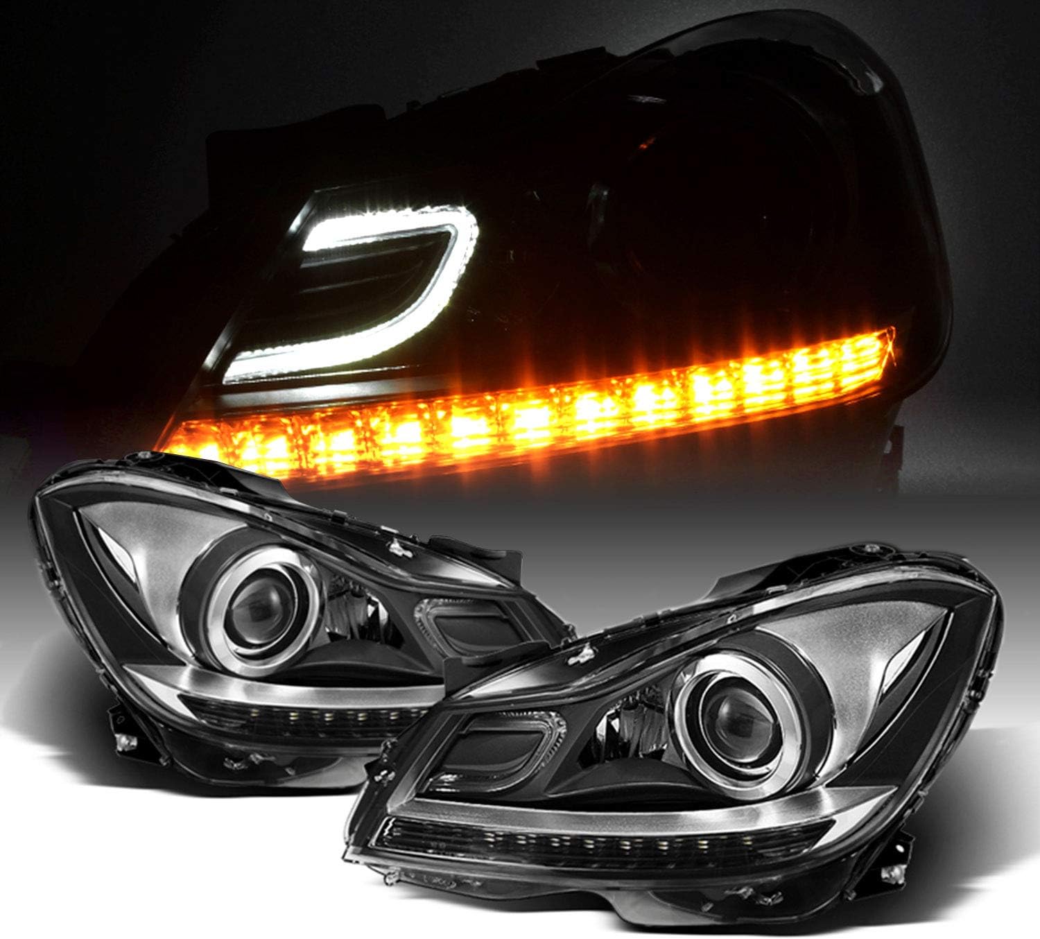 AKKON - Fits 2012 2013 2014 Mercedes W204 C-Class 2015 Benz C250 C350 AMG Projector LED DRL Black Headlights Pair Left+Right