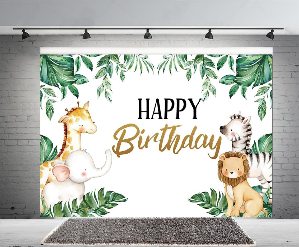 - 7x5FT Safari Animal Happy Birthday Backdrop, Jungle Theme Animals Birthday Banner Backdrop