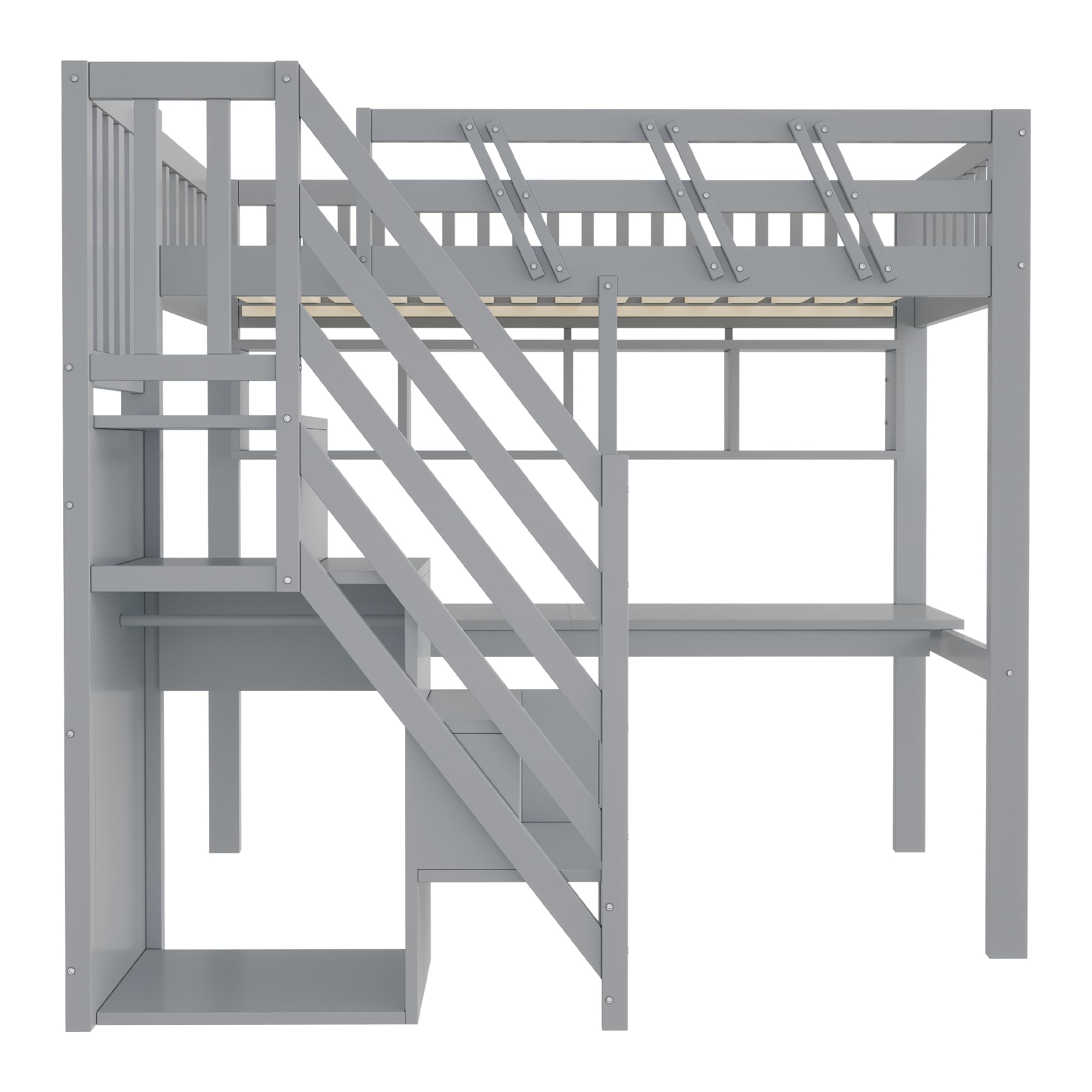 SUKY Massivholzbett 90 * 200, Treppe mit Aufbewahrungsschrank, mit einem Schreibtisch, Kinderbett, Massivholzrahmen, hohe Ausführung, Grau