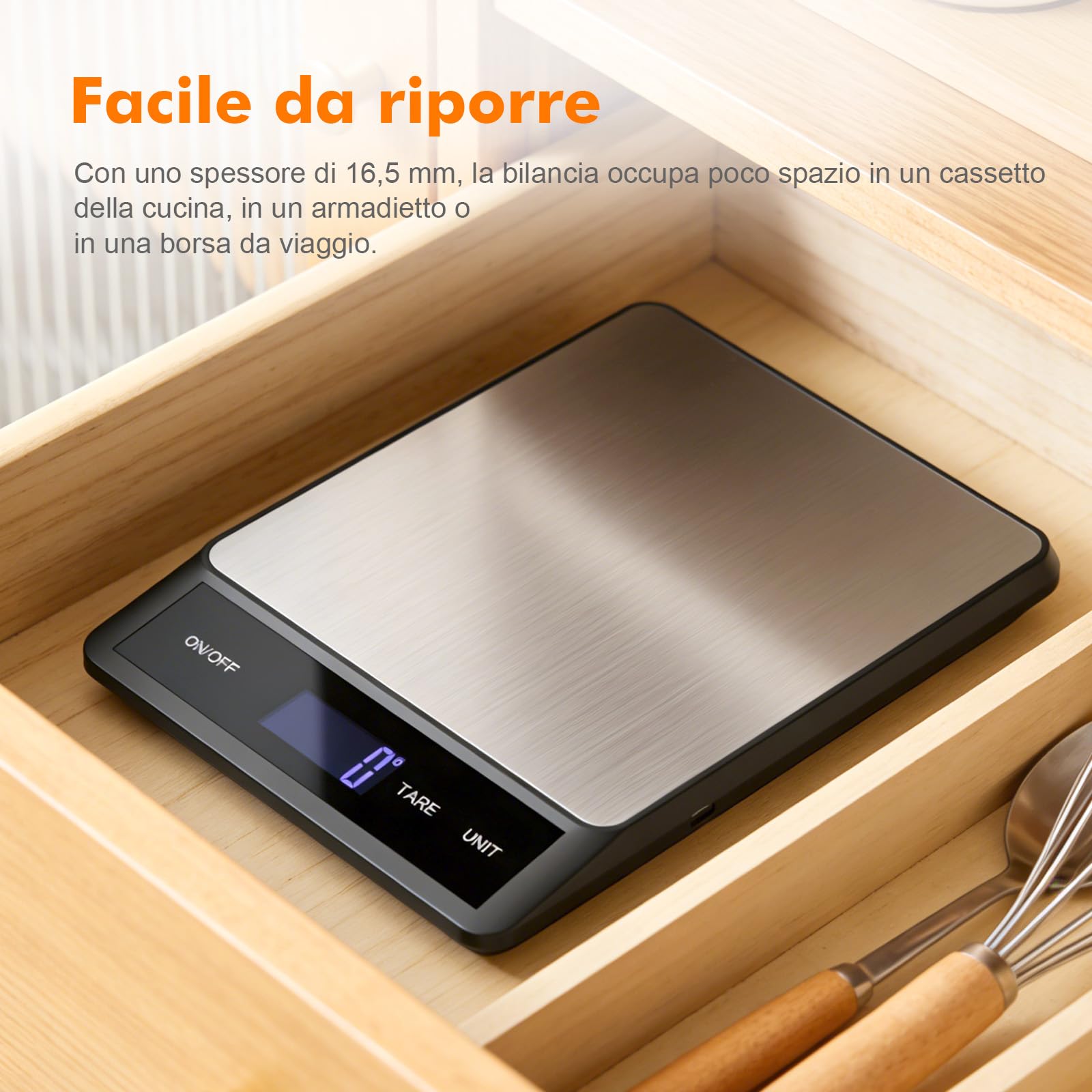 GRIFEMA GA2008-1, Bilancia da cucina ricaricabile, Bilancia multifunzione per alimenti in acciaio inossidabile, 5 kg/11 lb