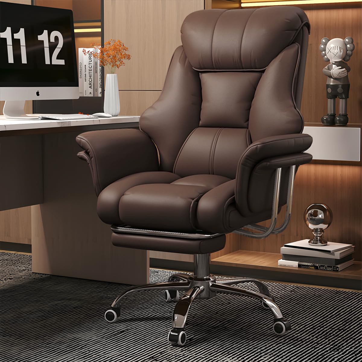 HDHNBA Big and Tall Office Chair 250 KG Extra Wide Faux leather Executive Chair with Retractable Footrest, Heavy-Duty Ergonomic Chair, Adjustable Height Computer(Brown)