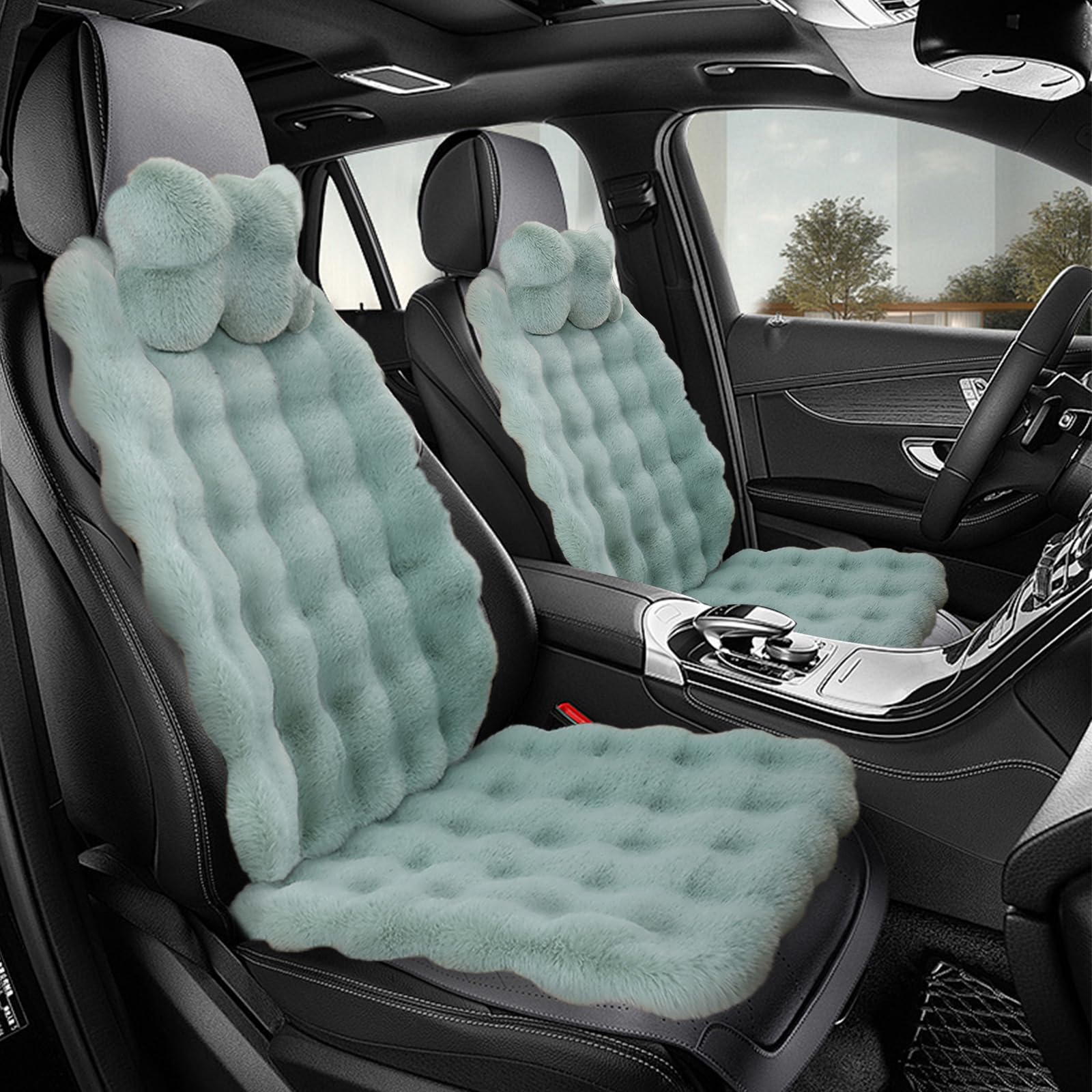 LiveGo Fuzzy Rabbit Fur Car Seat Cushion, Soft Fluffy Protector Warm Faux Rabbit Fur Non-Slip Front and Back Seat Covers Fuzzy Car Seat Interior Warm for Winter Mat Universal Fit (Matcha green, 3)
