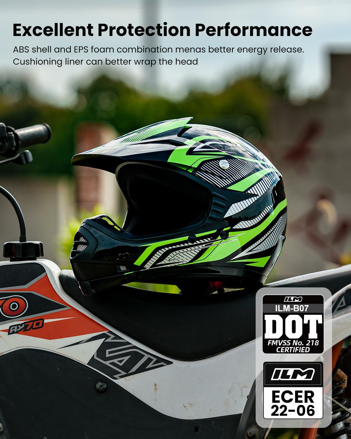 ILM Dziecięcy kask motocyklowy Cross Dirt Bike dla chłopców i dziewcząt, uniseks, homologacja ECE22.06 Full Face Off Road ATV Enduro MTB z rękawicami Gogle Model B07, czarny zielony, XL